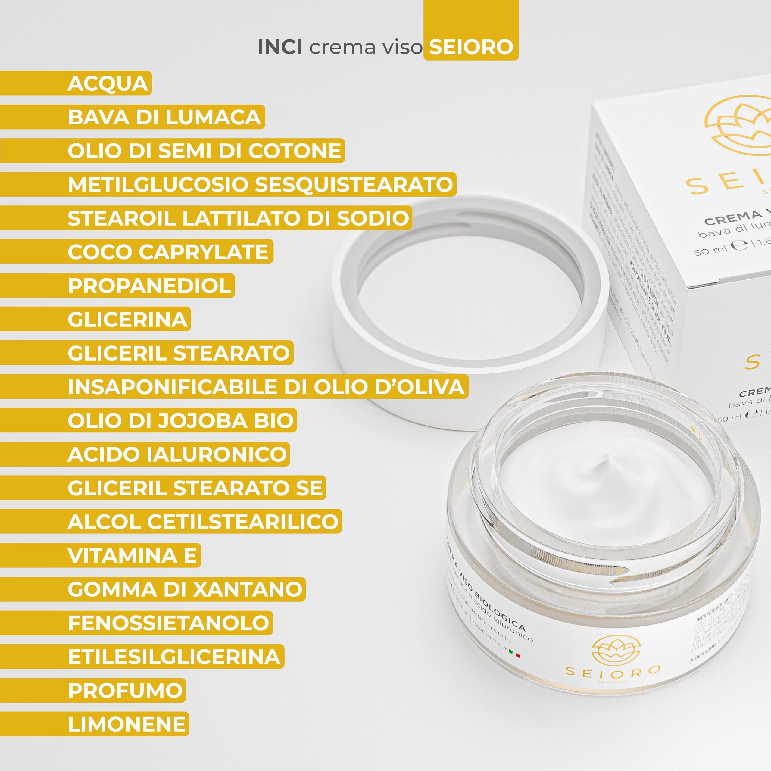 SEIORO Crema Viso Bava di Lumaca Biologica con Acido Ialuronico e Vitamina E. Antirughe Donna Idratante e Antimacchie per Pelle Mista, Secca o Grassa, 50 ml. | 100% Made In Italy
