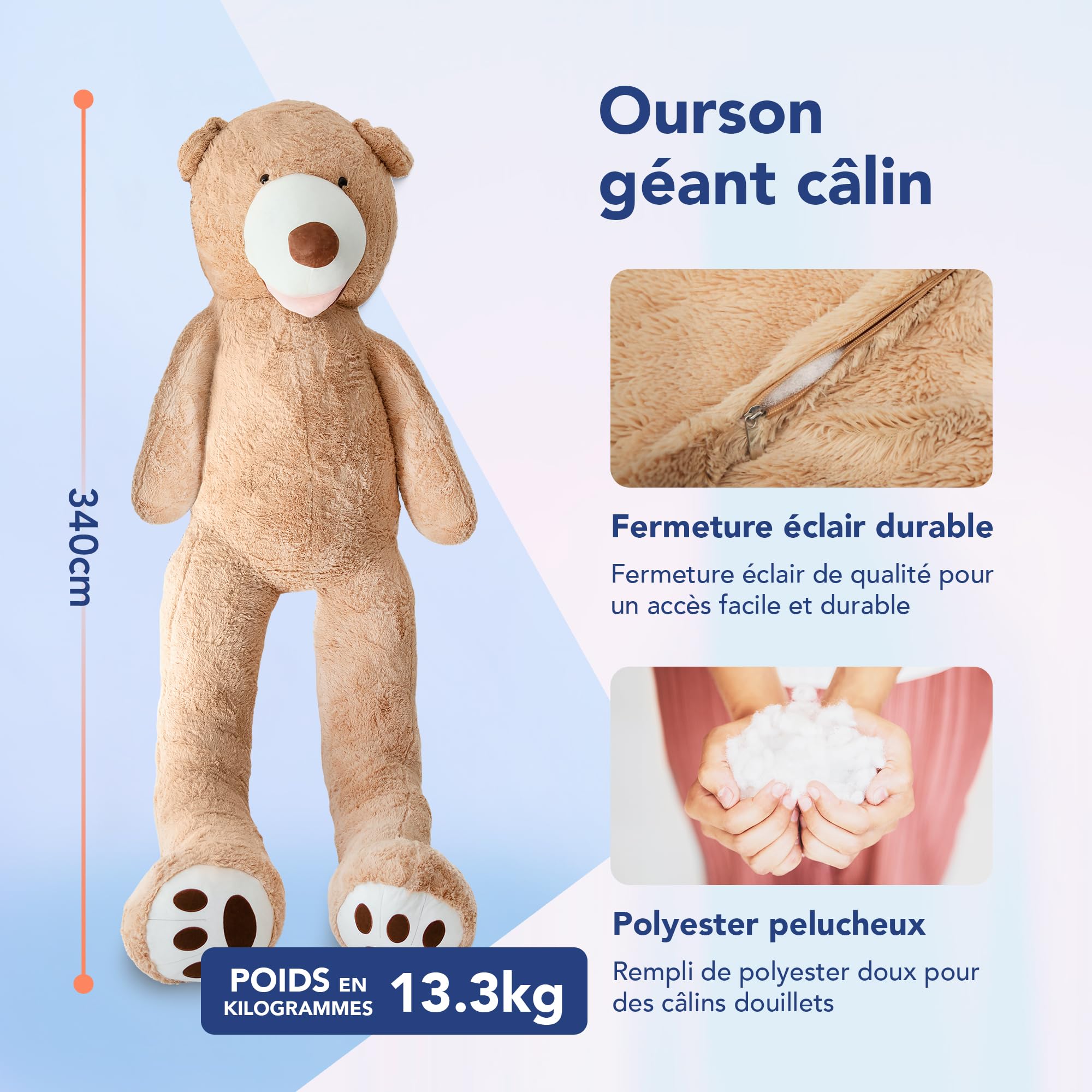 MKS Nounours Géant XXL 340 cm | Peluche Ultra Douce et Moelleuse | Grosse Peluche Cadeau pour Enfants & Adultes | Doudou Géant Déco Chambre, Anniversaire, Saint-Valentin | Marron