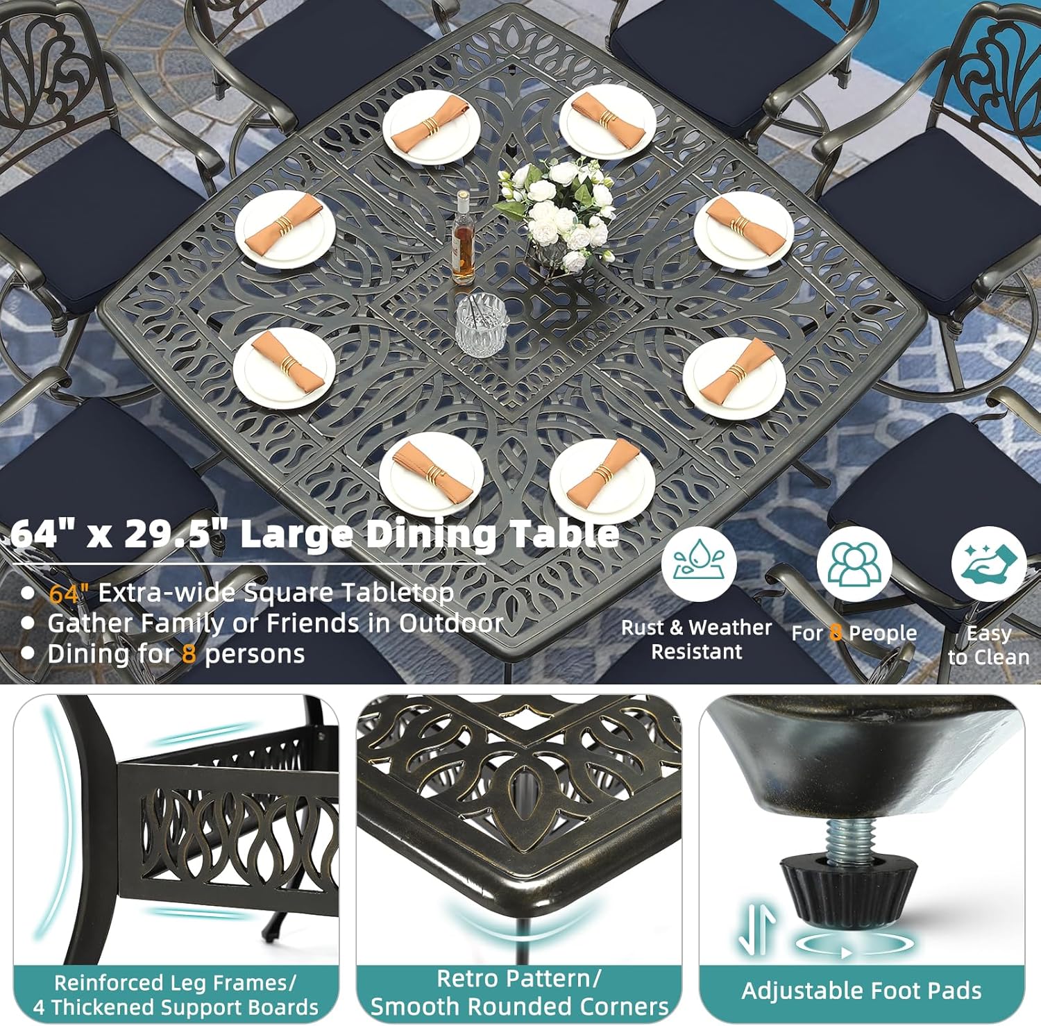 MEETWARM 9-Piece Outdoor Patio Dining Set for 8, All Weather Cast Aluminum Patio Funiture Table and Chairs Set- Large 64" Square Table and 8 Cushioned Swivel Rocker Chairs, Umbrella Hole, Navy Blue