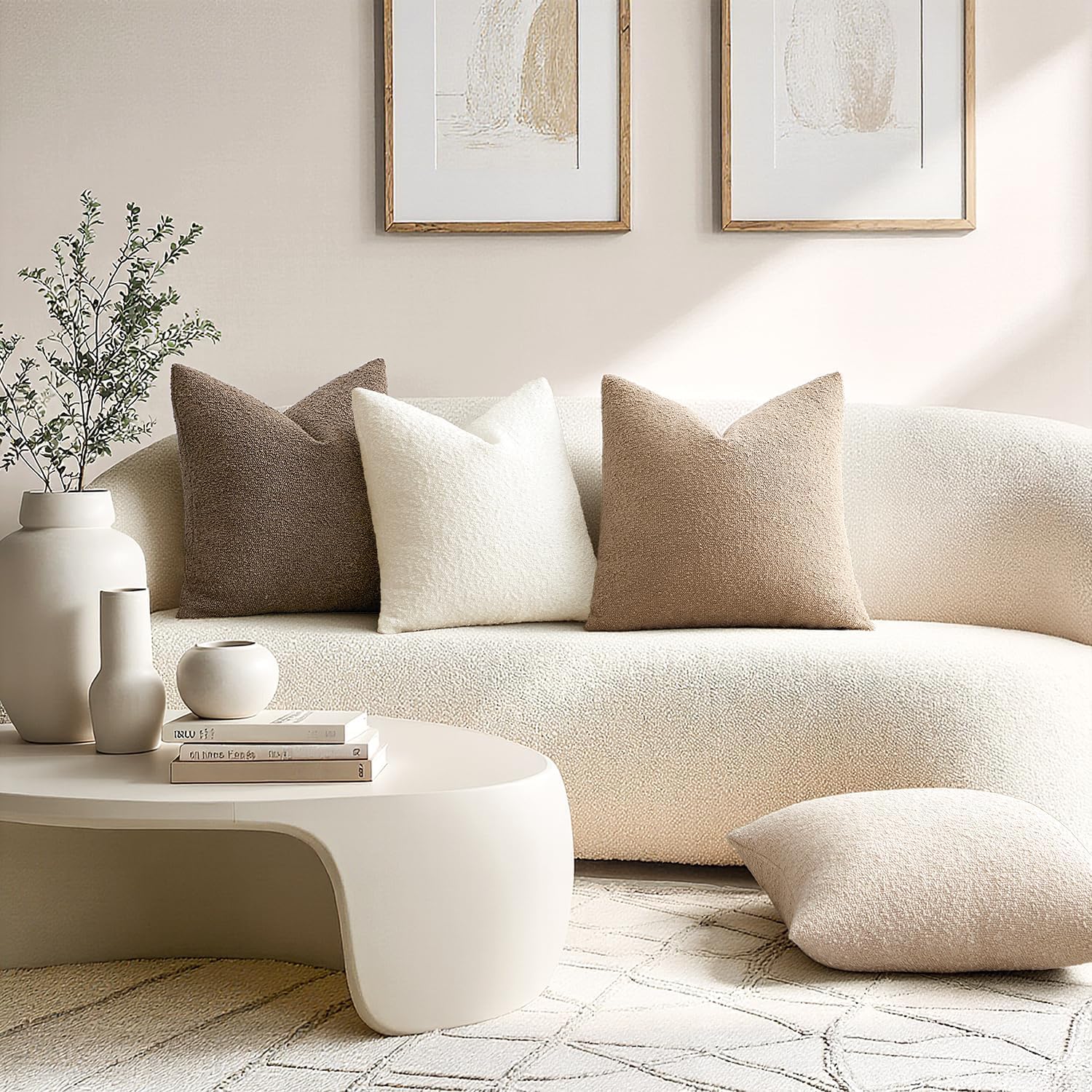 ANRODUO Pack of 2 Textured Boucle Throw Pillow Covers Soft Beige Euro Decorative Accent Solid Pillow Cases Cozy Modern Couch Cushion Case for Chair Sofa Bedroom Living Room Home Decor, 26 x 26 Inch