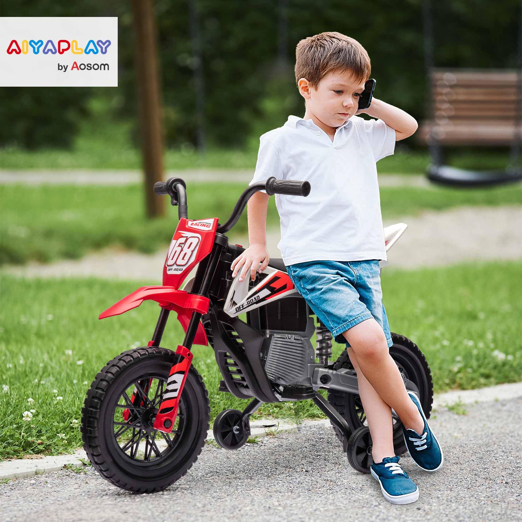 AIYAPLAY 12V Moto Elettrica per Bambini 3-6 Anni con 2 Motori e Acceleratore Manuale, Mini Moto Cross per Bambini con Sospensione, Ruote Rimovibile, Indicatore di Carica, Suoni, 2.4-5km/h, Rosso