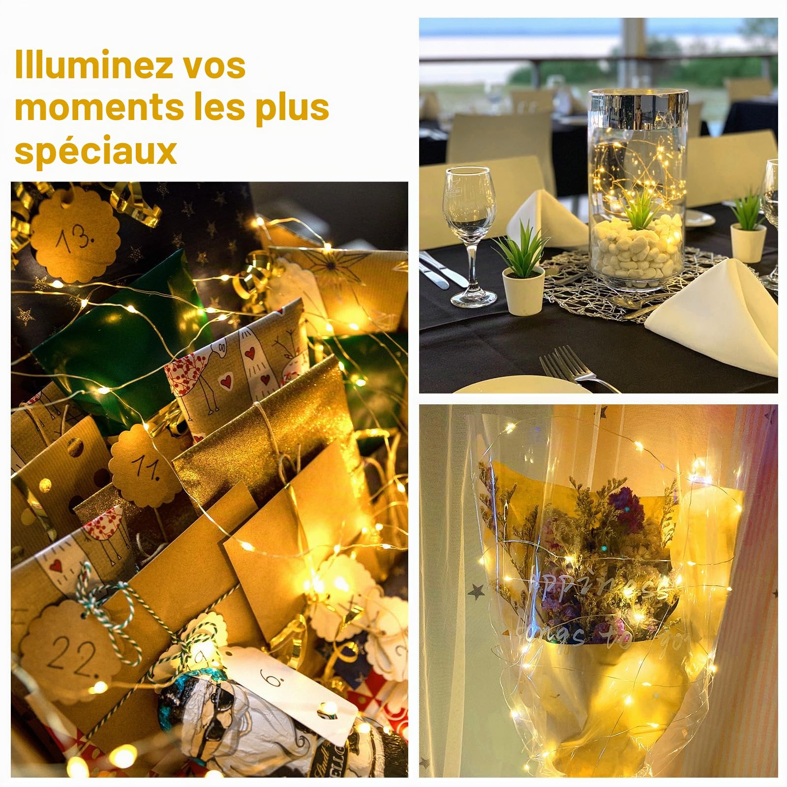 Lot de 3 mini guirlandes lumineuses avec piles - 2 m - 20 LED - Pour l'extérieur - Étanche - Pour la chambre, la décoration de la maison, un cadeau, un mariage, Noël, une fête - Blanc chaud