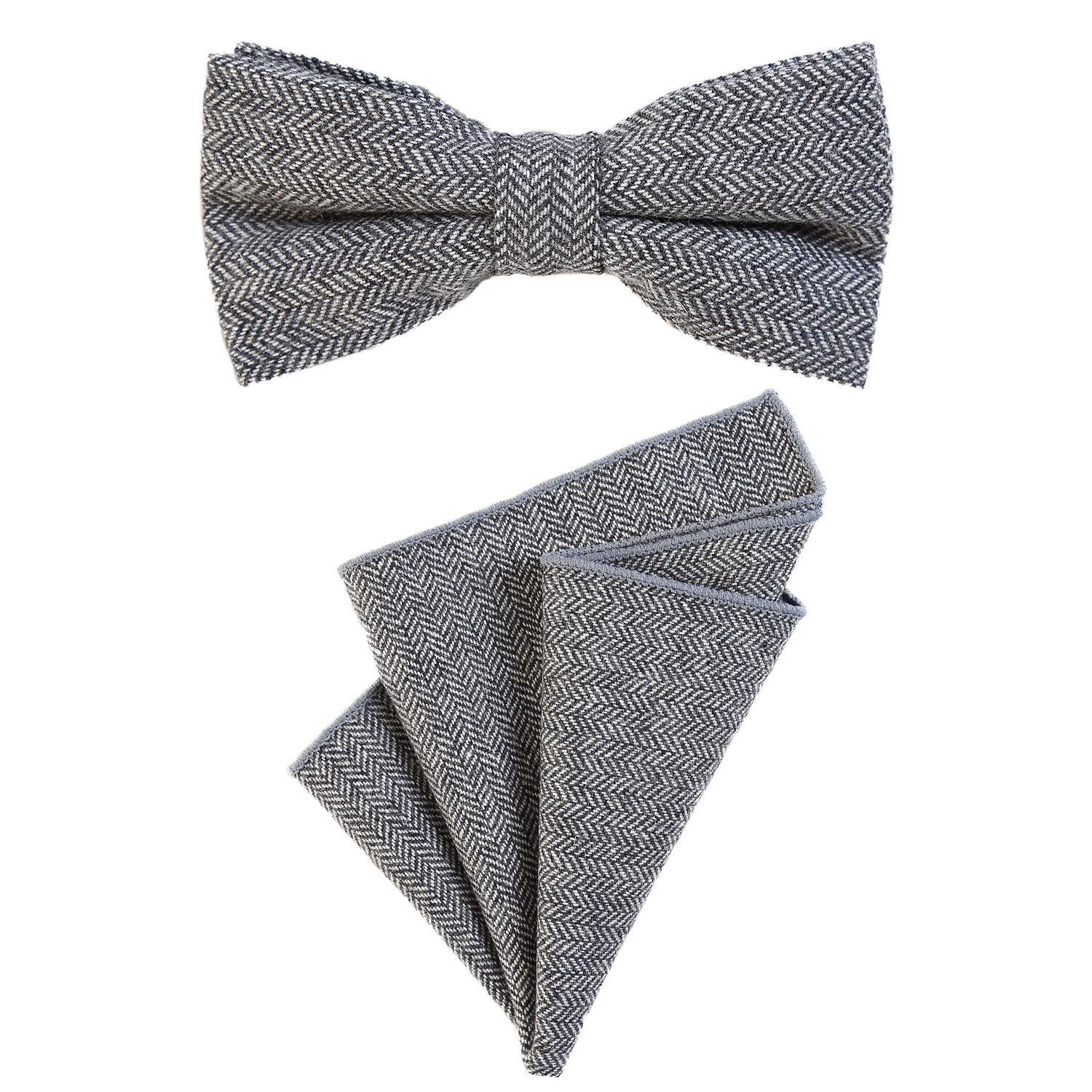 Dondon Men's Grey Bow Tie 4.72 X 2.36-12 X 6 Cm With Matching Handkerchief 9.05 X 9.05-23 X 23 Cm Both From Cotton In A Checkered Tweed Look