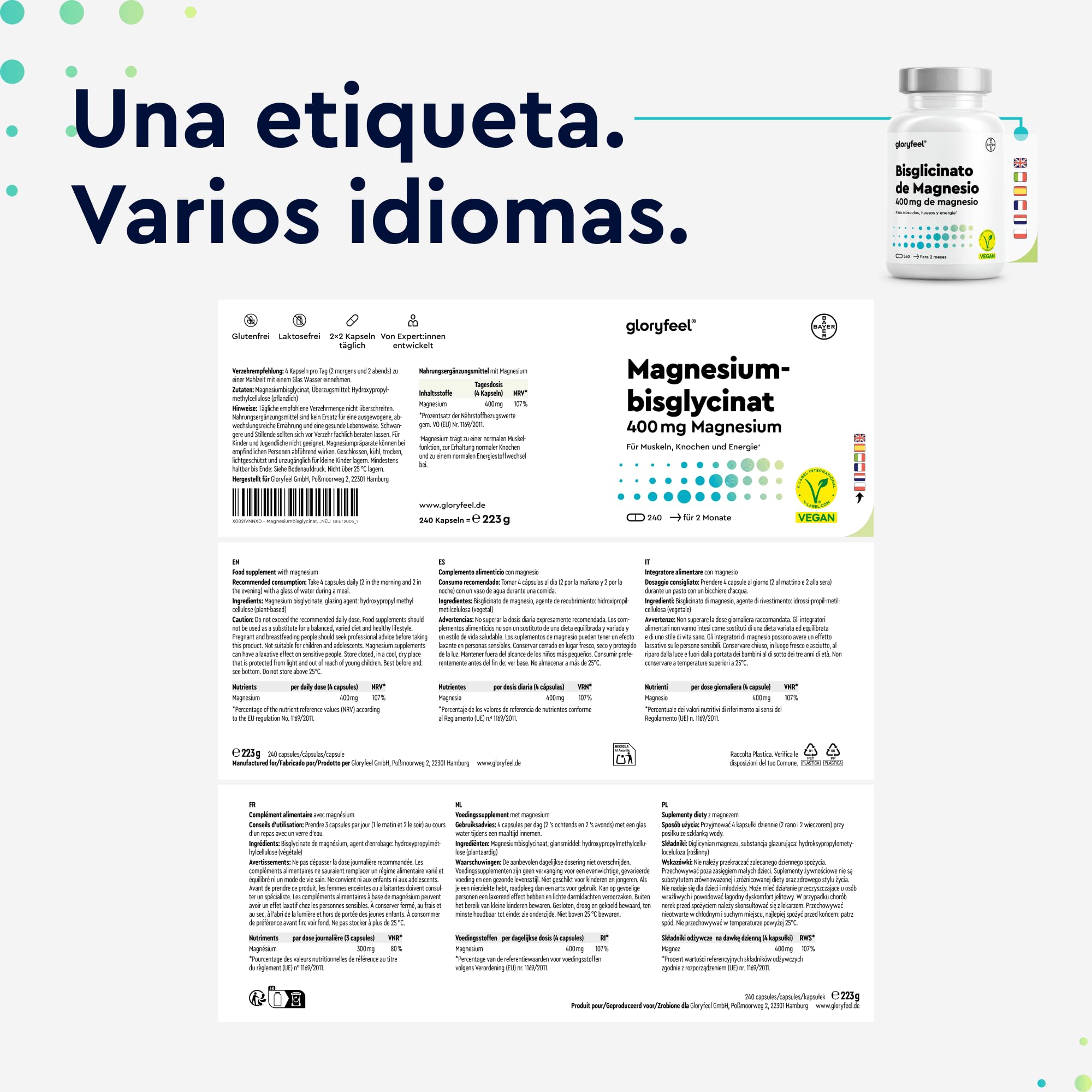 Glicinato de Magnesio 240 Cápsulas - 400 mg de magnesio elemental/dosis diaria - Suministro para 2 meses - Magnesio quelado - Inocuo para el estómago, vegano, de alta dosificación