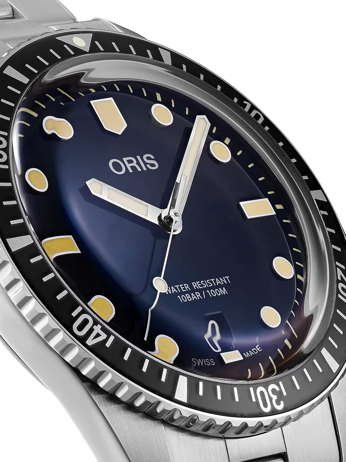 Close-up of the Oris watch dial and crown