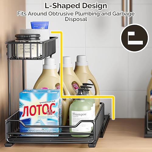 Miniatura 5 de Orimade Organizador de 2 niveles para debajo del fregadero, organizador de gabinete extraíble de metal, estantes de almacenamiento deslizables en