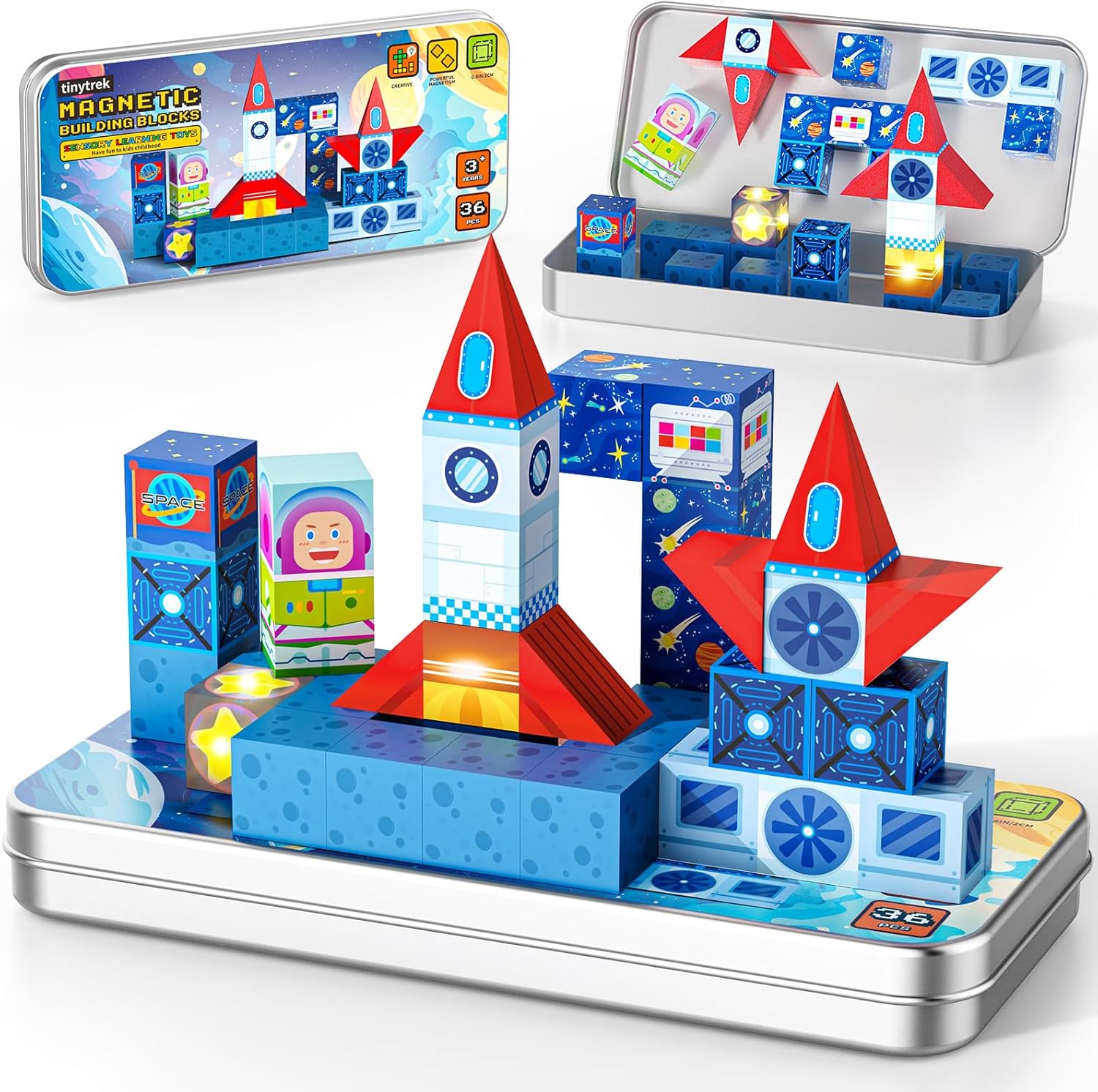36 PCS Mini Magnetic Tiles Travel Set with Portable Iron Storage Box, STEM Learning Magnetic Building Blocks with LED Light-Up Glow in The Dark, Montessori Sensory Toys Gifts for Toddler, Boys & Girls