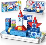 Jeu de pistes de course de tuiles magnétiques, 52PCS STEM Blocs éducatifs de construction magnétique avec 2 Voitures de course, jouets de voyage sensoriels Montessori pour enfants 3 4 5 6 7 8, Anniversaire pour les garçons & Filles