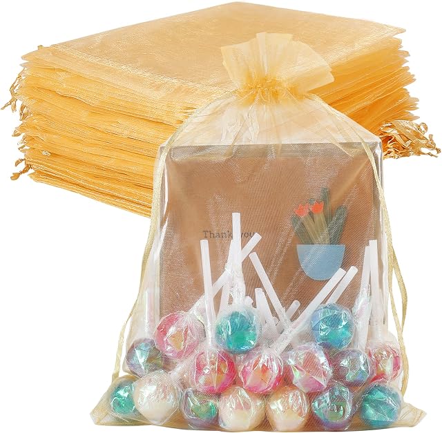 HRX Package Organza Bags Large, 100pcs 17x23cm Gold Drawstring Bag Mesh Gift Pouch for Jewellery Christmas Wedding Party Baby Shower Favours