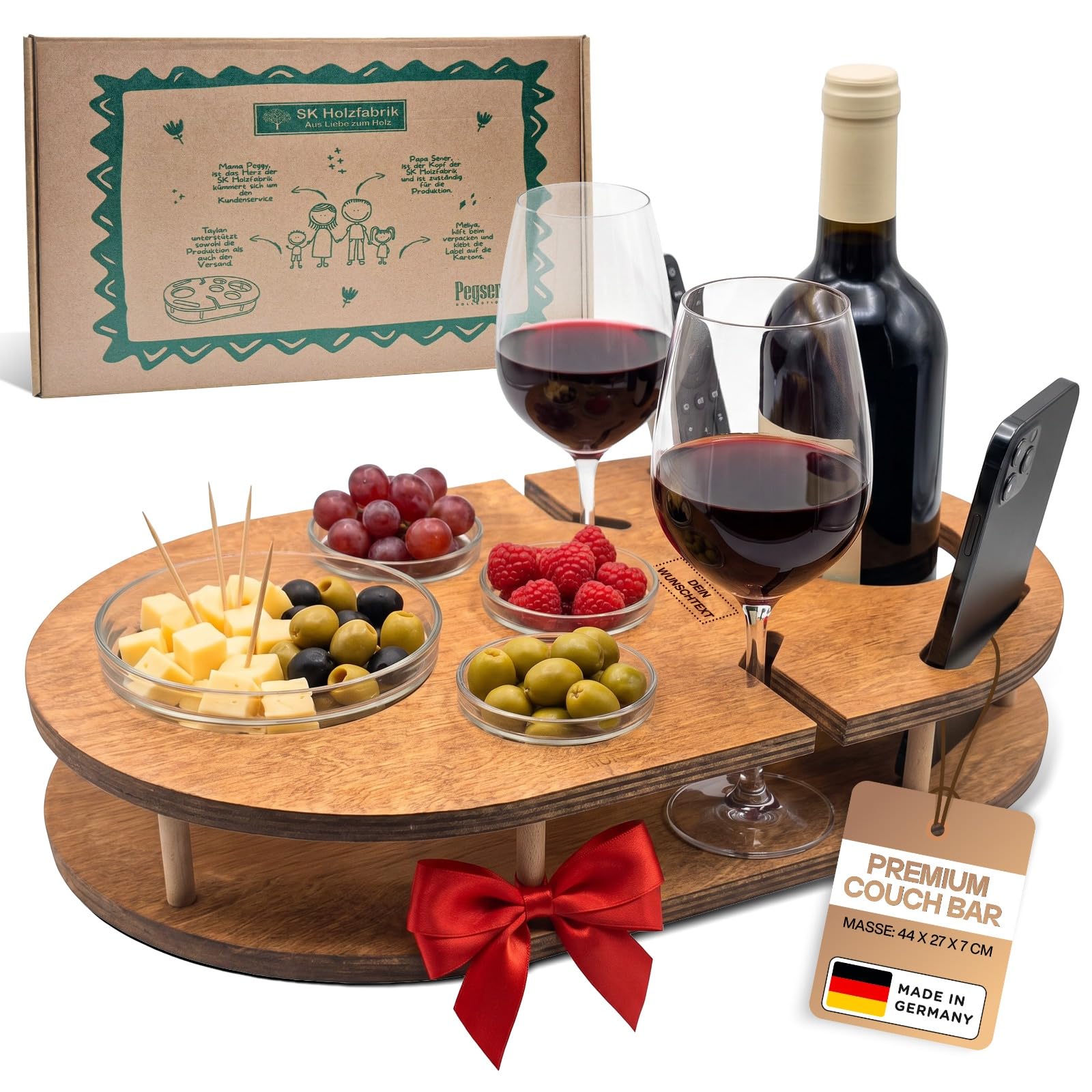 Couchbar Weinbar in Eiche mit 4 Glasschalen | PERSONALISIERBAR | Snackbox für Wein mit Getränkehalterung für Weingläser und Weinflasche | Sofabar für Snacks | Couch Bar personalisiert