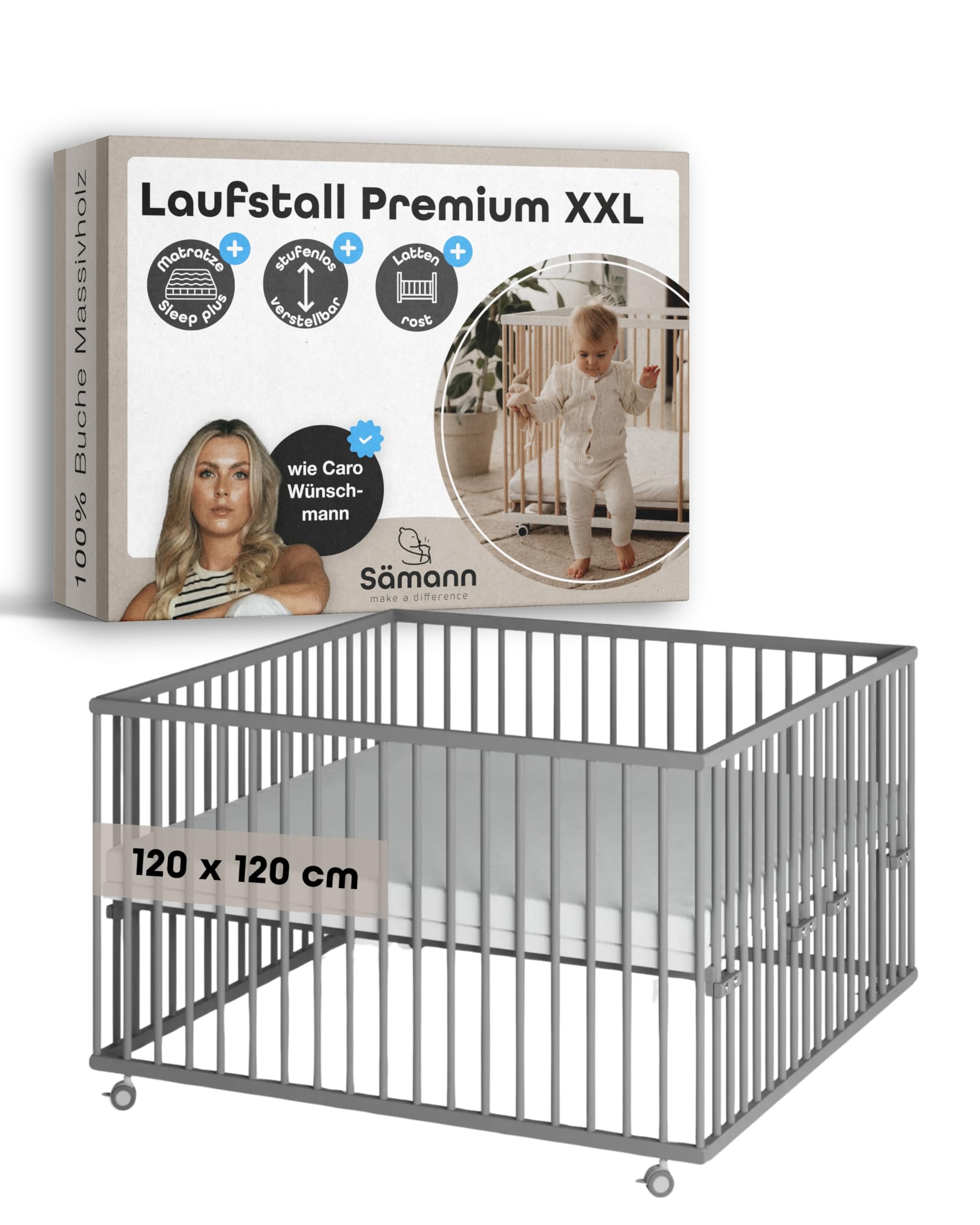Sämann Laufstall Baby mit Lattenrost und Matratze SleepPlus | stufenlos höhenverstellbar | Laufgitter Premium | Babybett aus Holz | Krabbelgitter (grau, 120x120 cm)