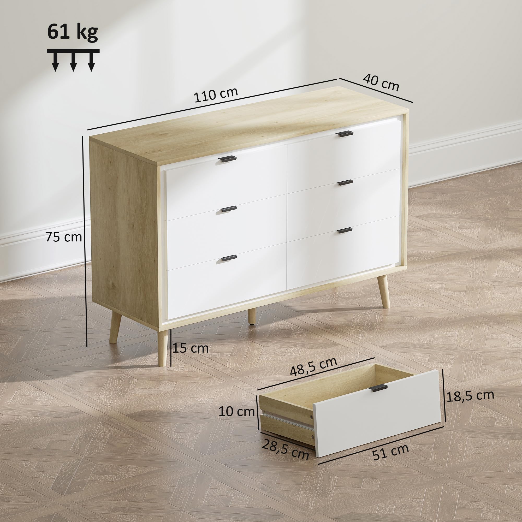 HOMCOM Cómoda 6 Cajones con Frente de Blanco Brillo 110x40x75 cm Roble | Cómoda Dormitorio con Patas de Madera, Cajonera para Salón, Oficina, Estilo Moderno