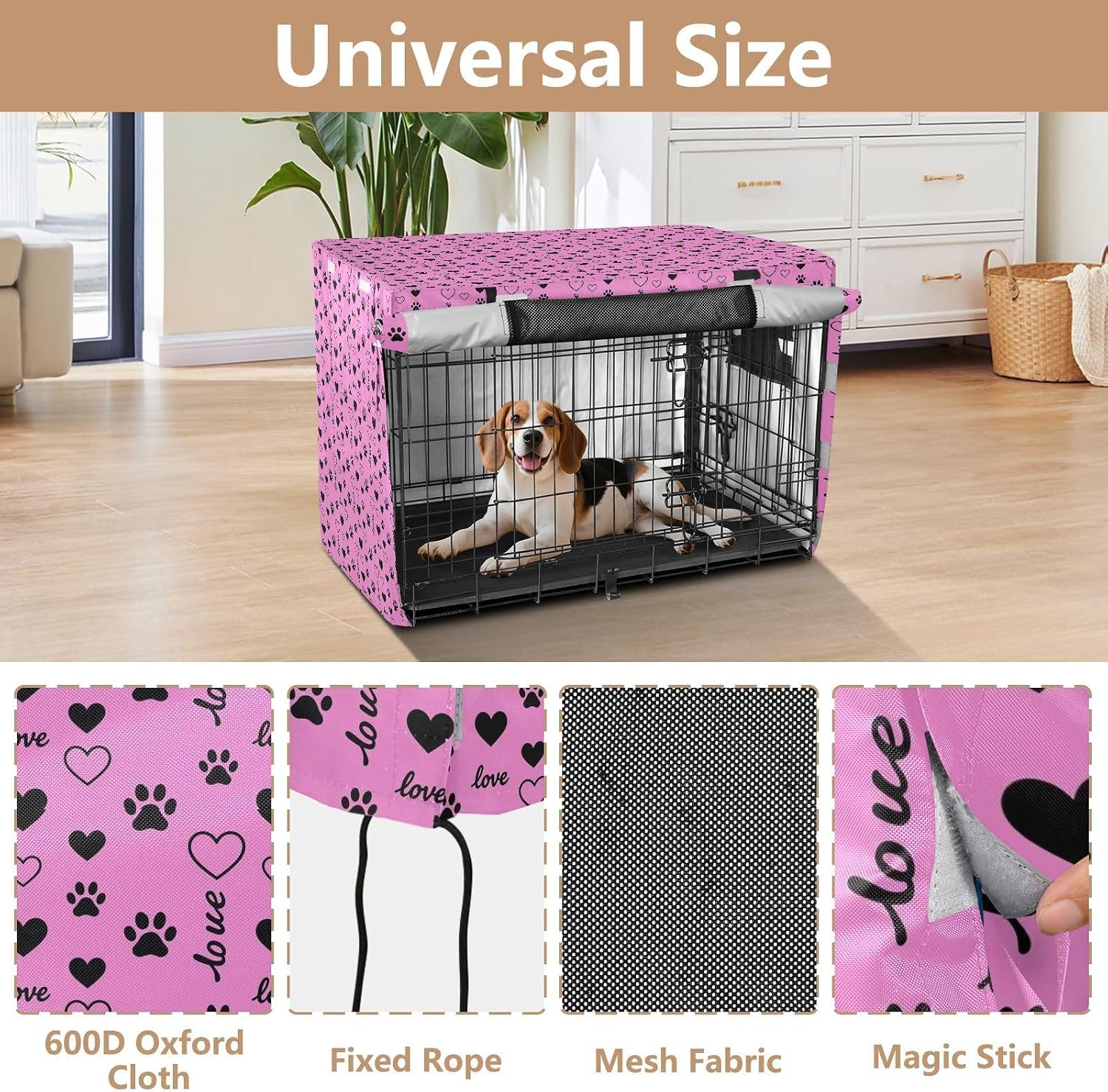 Cute Paw Prints Metal Dog Crate Cover Kennel Covers with Roller Shades Hot Pink 48 Inch