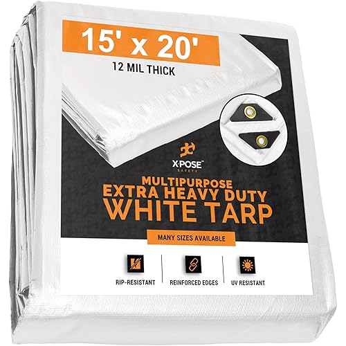 Heavy Duty White Poly Tarp 15' x 20' Multipurpose Protective Cover - Durable, Waterproof, Weather Proof, Rip and Tear Resistant - Extra Thick 12 Mil Polyethylene - by Xpose Safety