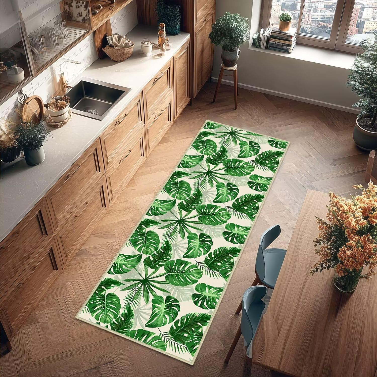 Sage Green Leaves Runner Rug 2x6,Plant Leaf Hallway Rugs Indoor Entrance Door Mat Washable Kitchen Runners,Botanical Print Accent Area Rug Non Slip Throw Carpet for Entryway Hallways Laundry,Bedroom
