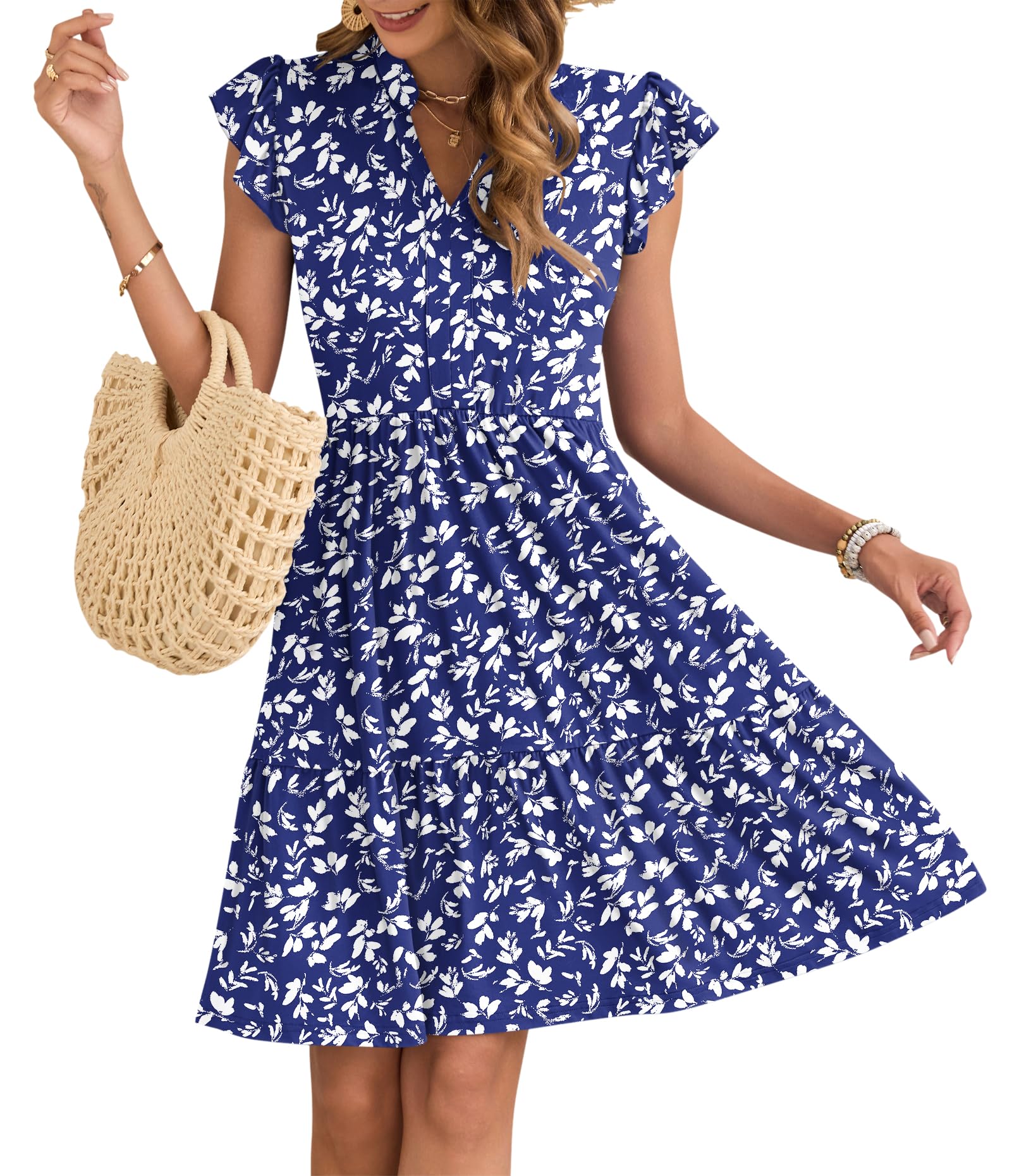 AUSELILY Vestito Donna Estivo con Scollo a V Maniche a Volant Mini Abito Vita Elastica Vestiti Casual con Tasche