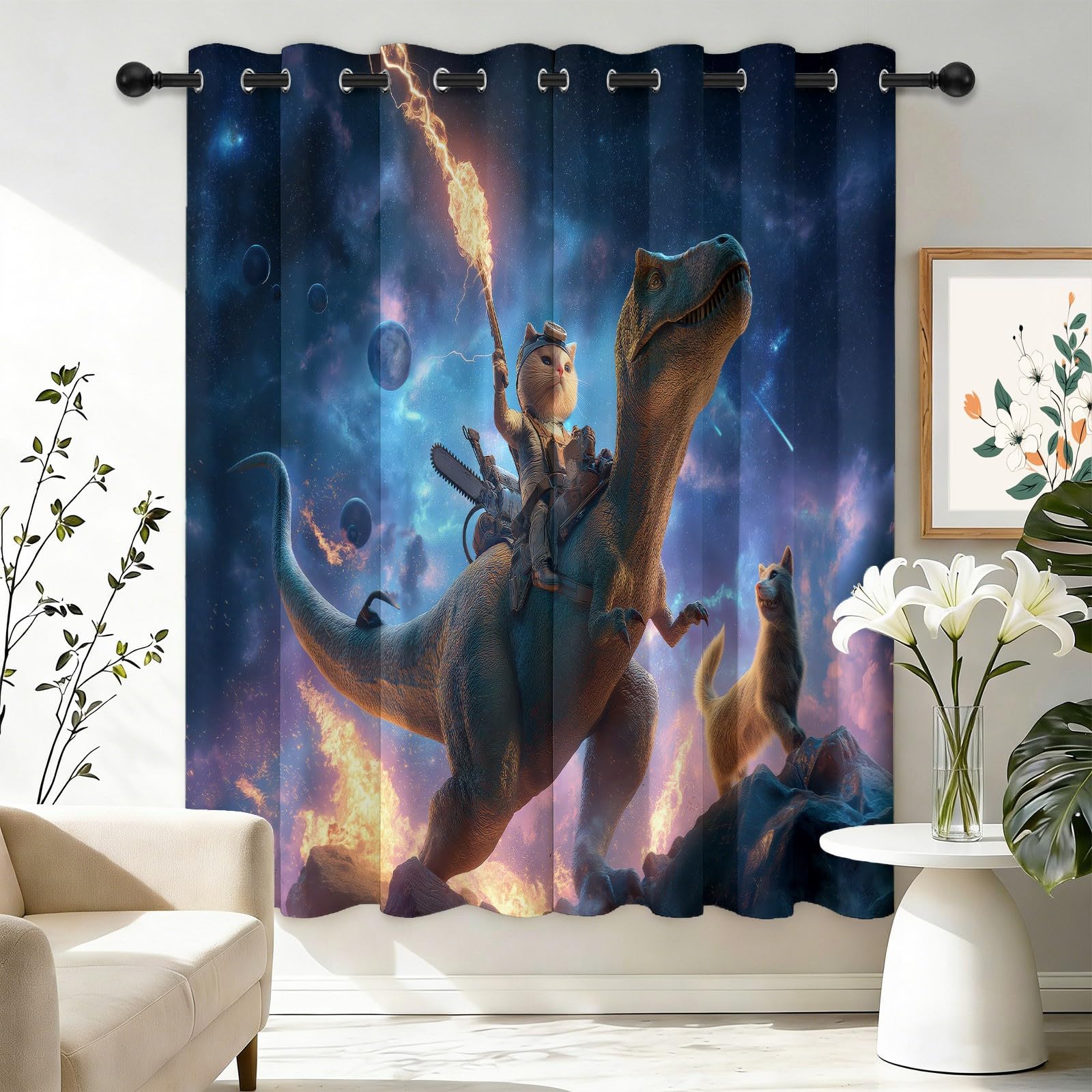 Générique Lot de 2 Rideaux Occultants Thermiques avec Oeillets, 100L X 220H cm Motif Fantastique Dinosaures Espace - Isolant Anti-Froid et Bruit pour Chambre Enfant et Salon Décoration Noir