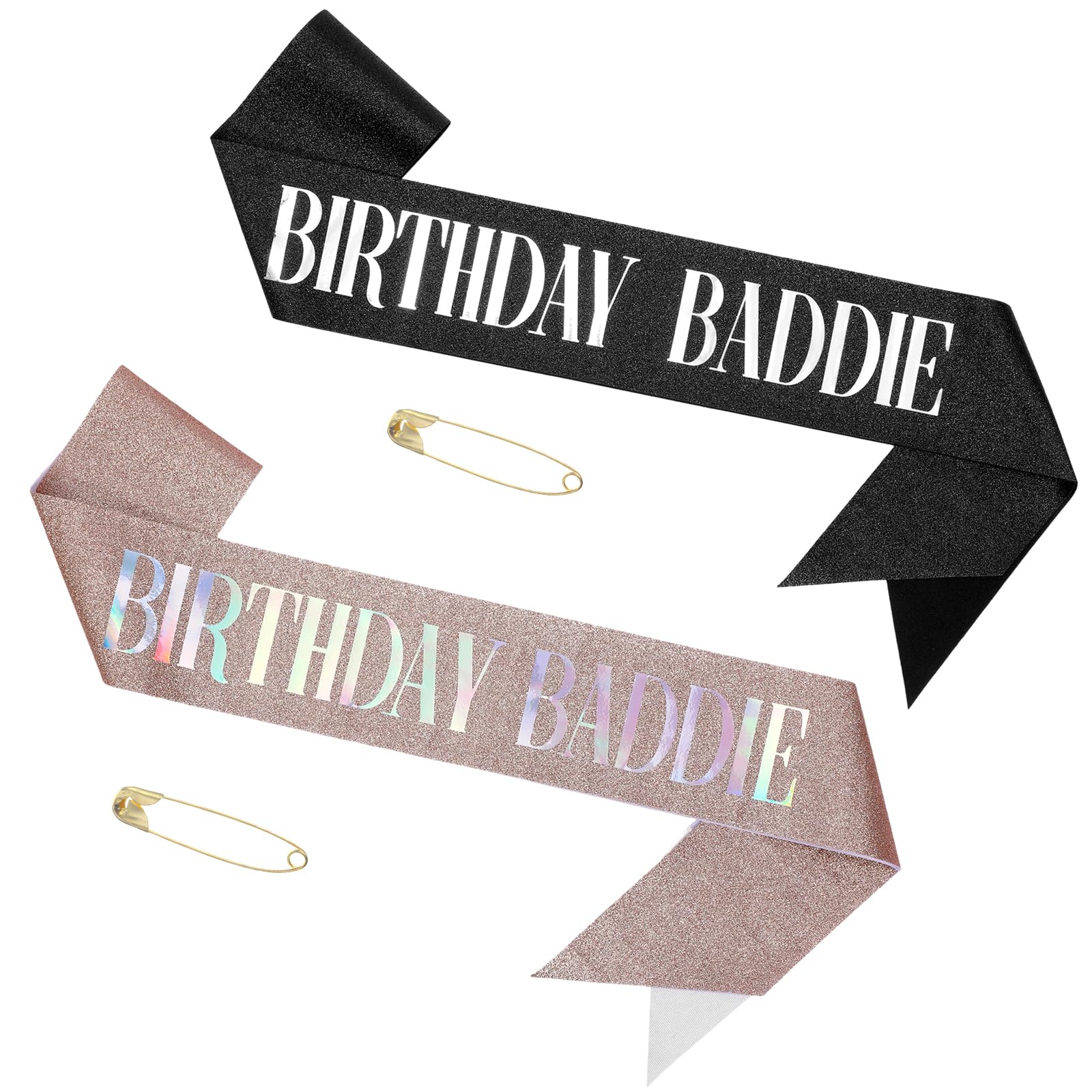 WJIAAA 2Pcs Birthday Baddie Sash, Glitter with Silver Foil Sash, Black Pink Soft Glitter Birthday Sashes Funny Sparkly Satin Party Accessories for Women Men