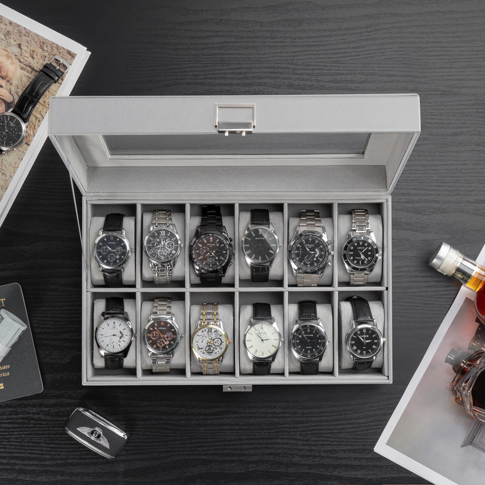 Scatola Organizzatore per Orologi da Uomo, Vetrina per Orologi con 12 Scomparti e Coperchio in Vetro, Custodia per Orologi da Uomo in Pelle PU, Organizzatore per Orologi da Uomo e Donna - 12