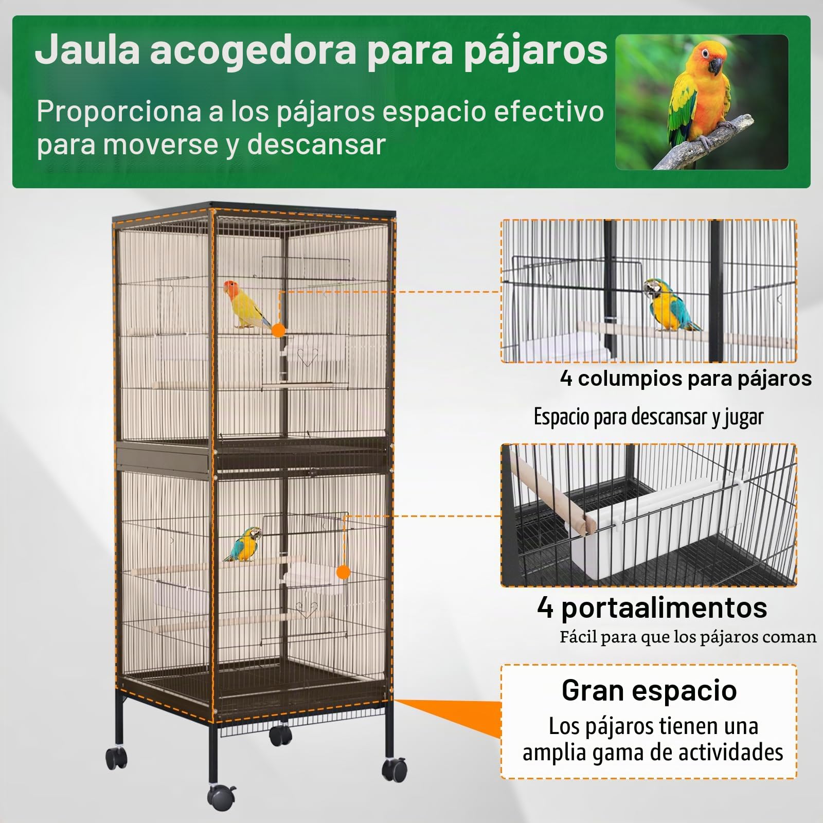 Jaula Para Pájaros Apilable De Doble Piso - Panorámica Giratoria 360°,Hierro Resistente, Zona De Juego Superior,Ruedas y Bandeja Extraíble - Fácil De Limpiar,Ideal Para Periquitos, Canarios, Agapornis