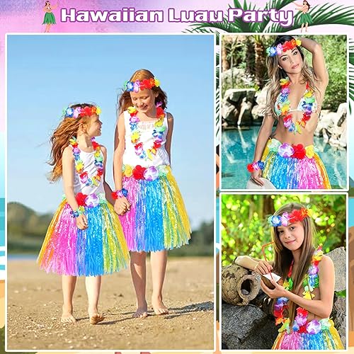 Miniatura 6 de Fortuning's JDS Falda hawaiana de hierba hula para niña, con flores elásticas a juego, juego de disfraz para fiesta de playa tropical Luau