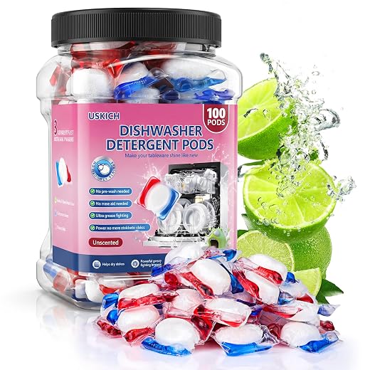 USKICH 100 Count Dishwasher Pods, No Pre-Rinse Required, Dishwasher Detergent Soap Effectively Removes Burnt-On Stains & Grease, Dishwasher Detergent Creates Sparkling Dishes & Glasses