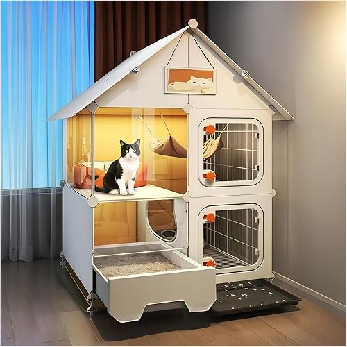 Indoor Cat Cage with Litter Box,Complimentary Cat Bed, Bowl, Double-Layer Cat House with Wheels Outdoor, Large Cat Enclosure, Small Animal Dog Kennel (28" Lx18.1 Wx41.8 H)