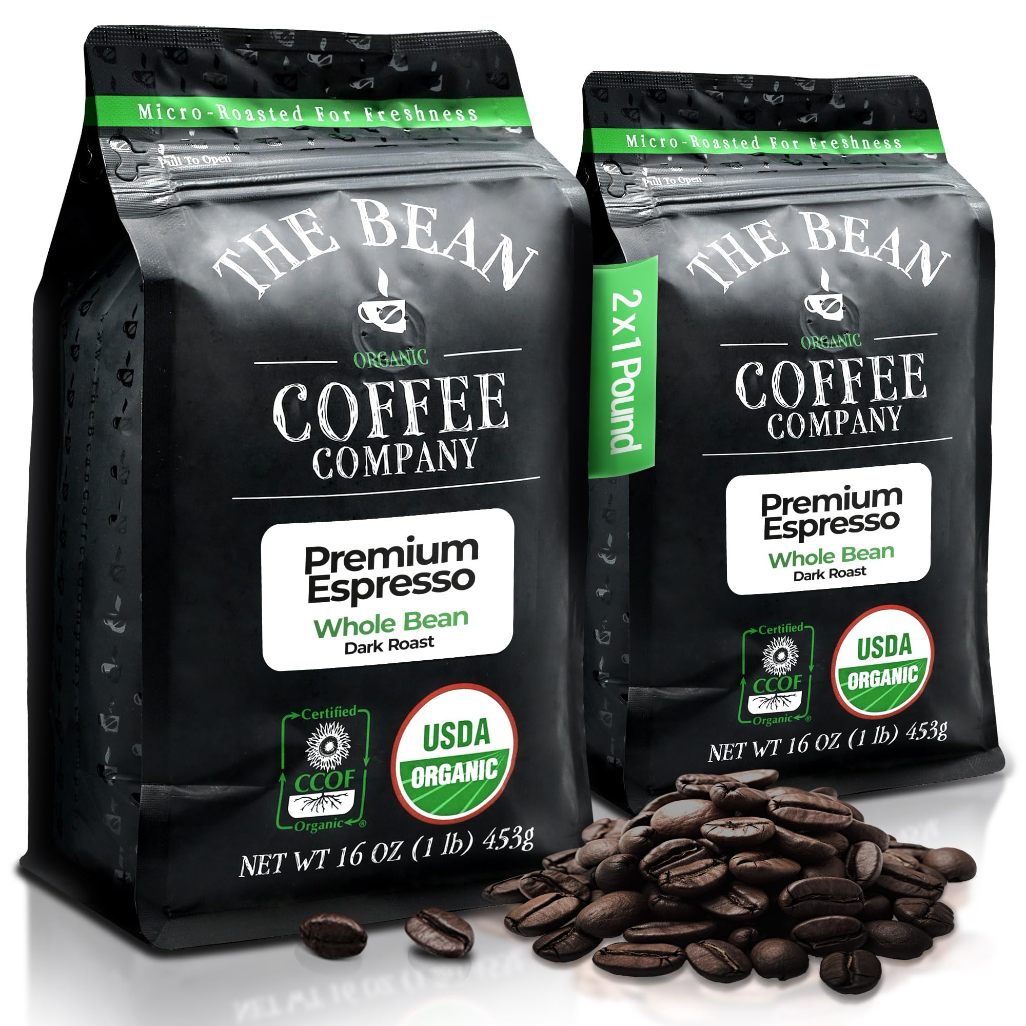 The Bean Organic Coffee Company Premium Espresso, Dark Roast, Whole Bean Coffee, 16-Ounce Bags (Pack of 2)
