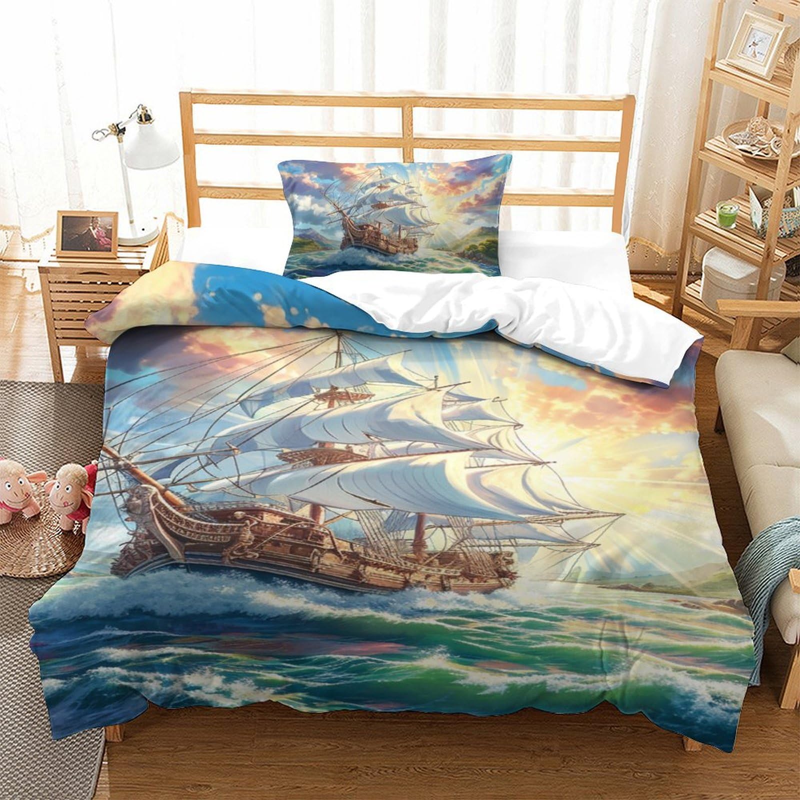 Housse couette bateaux à voile 3D pour chambre enfant et ado