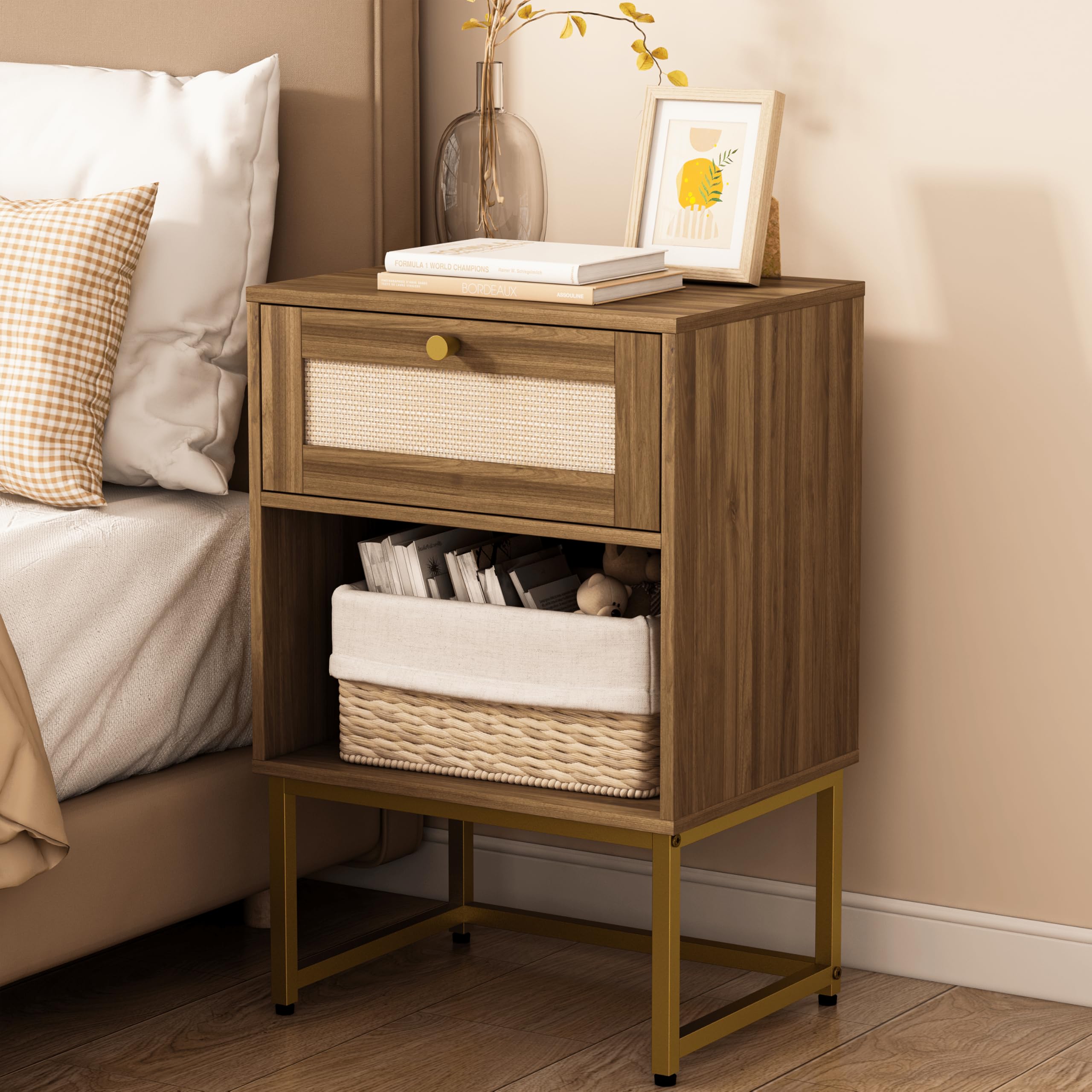 JERX Rattan Bedside Table, Farmhouse Wood Nightstand with Storage Drawer and Open Shelf Small Bedside Cabinet for Bedroom,Living Room,Office Walnut Brown — image 1