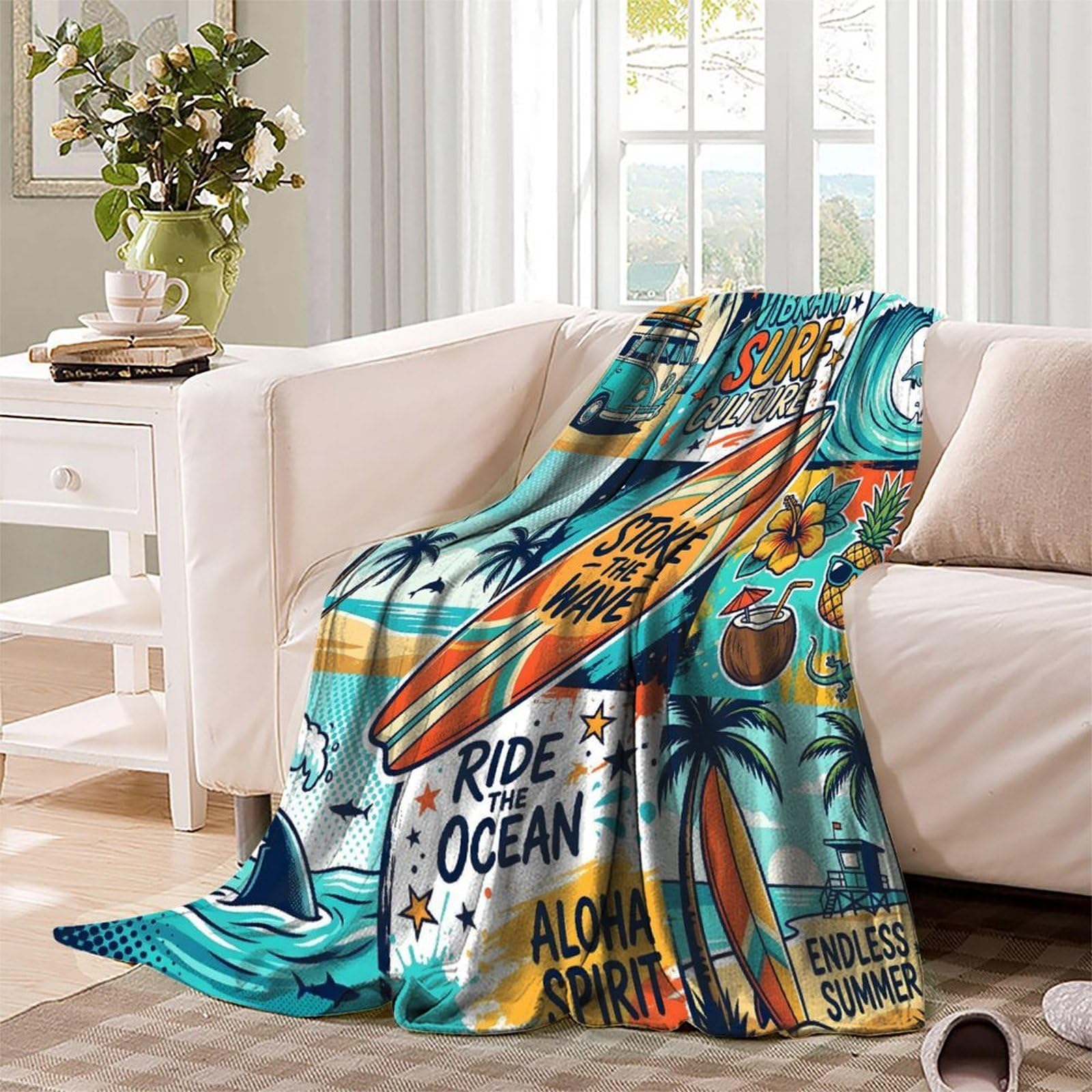 Autocollants représentant la Culture Surf. Jeté De Canapé Imprimé 3D, Premium Microfibre Couverture 80x90inch(200x230cm), Plaid Ultra Doux Respirant pour Hommes Femmes Adultes