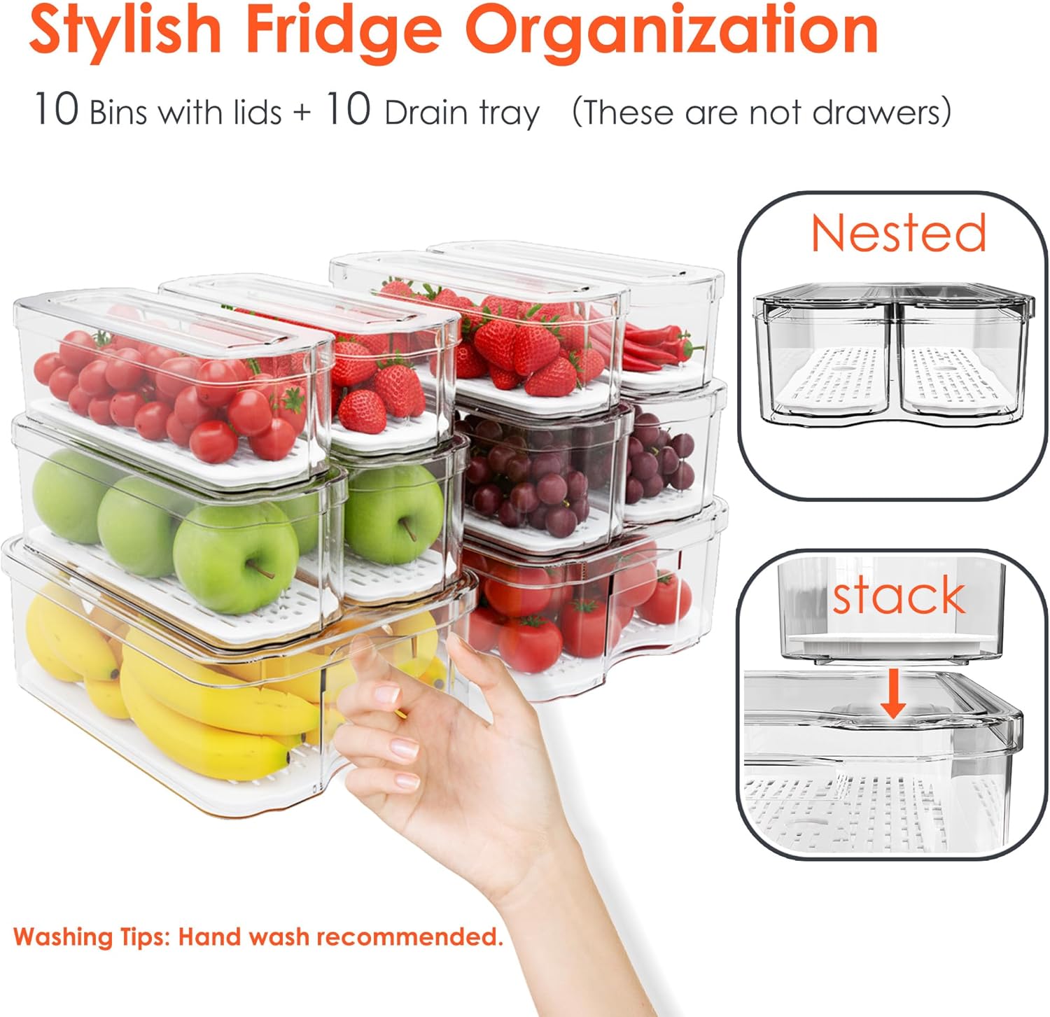 SMRCAD Fridge Organizers and Storage, 10 Pack Clear Organizer Bins with Lids for Kitchen, Pantry, Refrigerator, Food, Fruit, Vegetable Storage