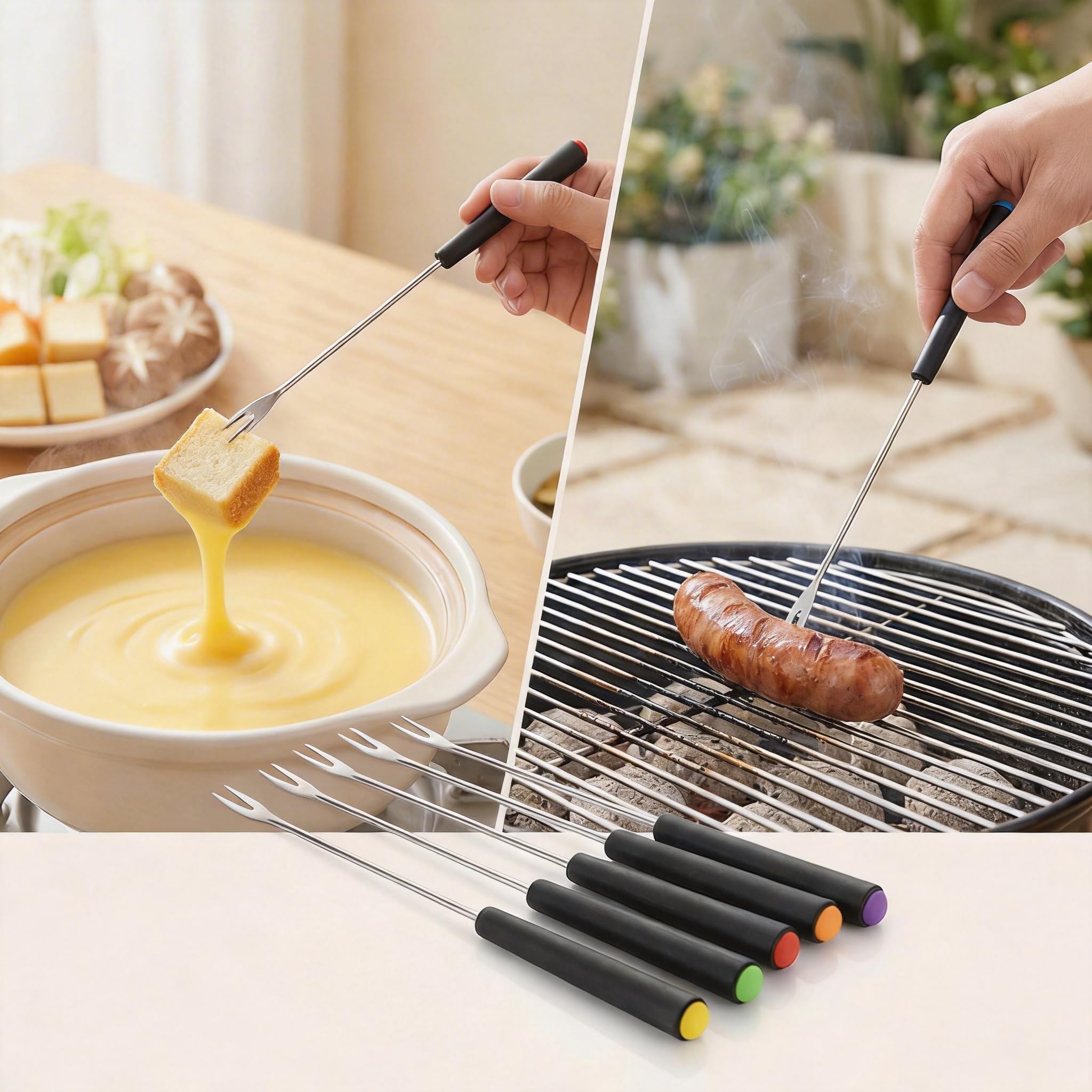 Lot de 12 fourchettes à fondue en acier inoxydable avec poignées résistantes à la chaleur et codées par couleur – longues tiges antidérapantes pour fromage, chocolat, guimauves, viande, pique-niques