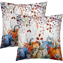 Sweetshow Orange and Blue Autumn Pumpkins Throw Pillow Covers 18X18 Inches Set of 2 Fall Maple Leaves Pillowcase Soft Cotton Square Thankgiving Cushion Covers for Home Sofa Patio Bedroom Decoration