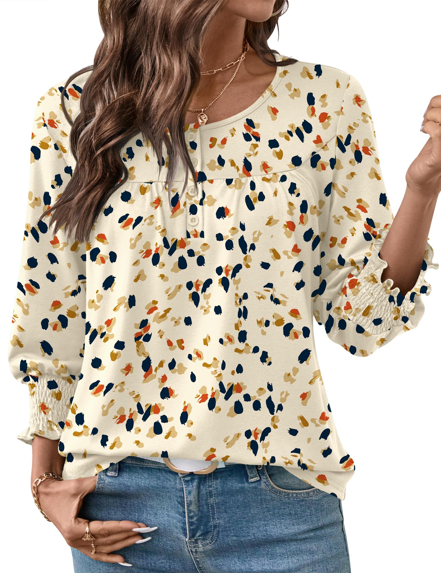 AKEWEI 3/4 Length Sleeve Womens Tops 2026 Fashion Summer Tops for Women Crewneck Casual Loose Fit Pleated Top