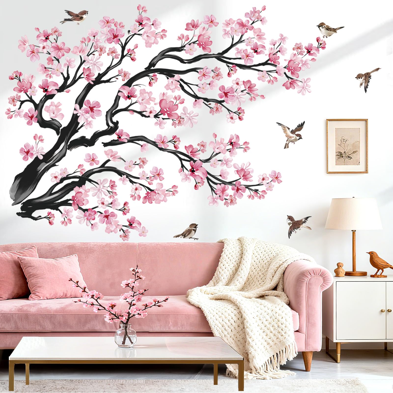wondever Stickers Muraux Grand Branche de Fleurs Rose Autocollants Muraux Mural Stickers Cerisier Floral Branche Arbre Oiseaux pour Chambre Salon Mur TV