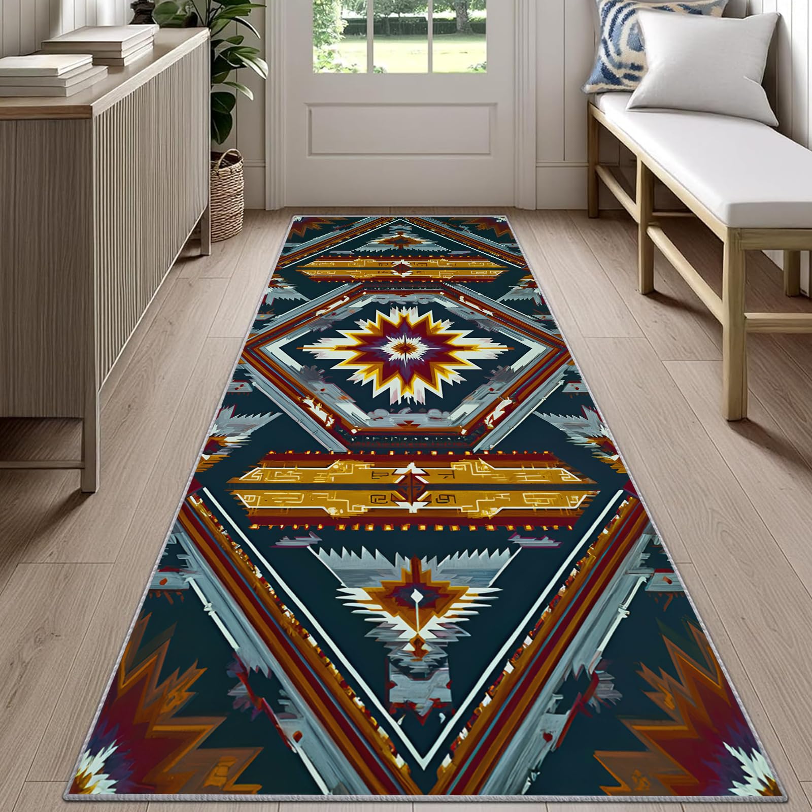 Rustic Cabin Western Aztec Runner Rug for Hallway 60x240cm Southwestern Carpet Runner, Native American Long Carpet, Soft Machine Washable Rug for High Traffic Areas in Home