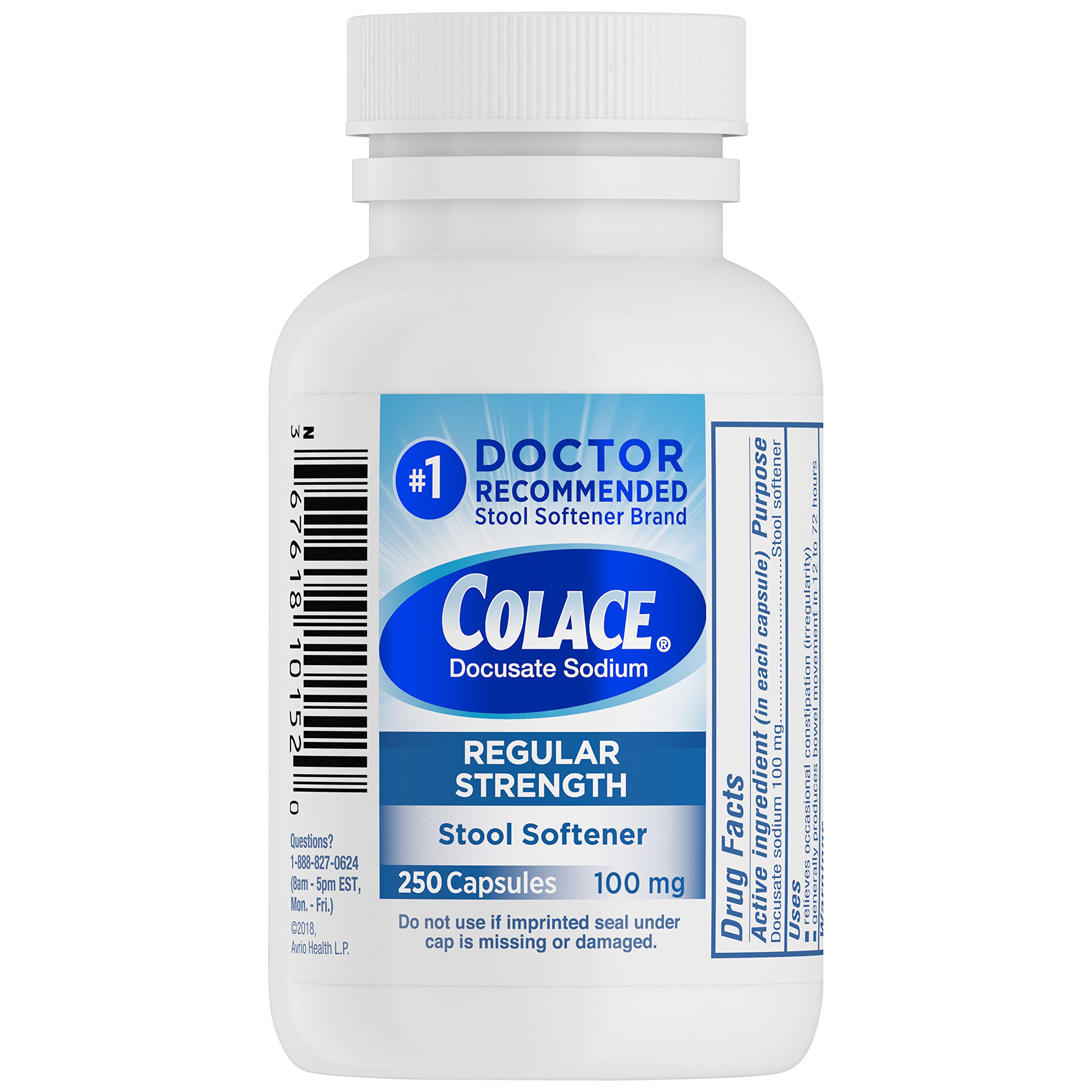 Colace Regular Strength Stool Softener, 100 mg Capsules, 250 Count, Docusate Sodium Stool
