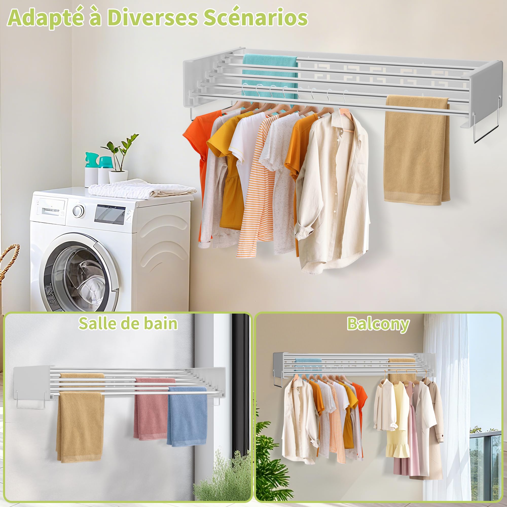 Stendibiancheria da parete con 5 barre, stendibiancheria pieghevole per interni ed esterni, 4 metri di lunghezza di essiccazione, risparmio di spazio, bianco (80 cm)