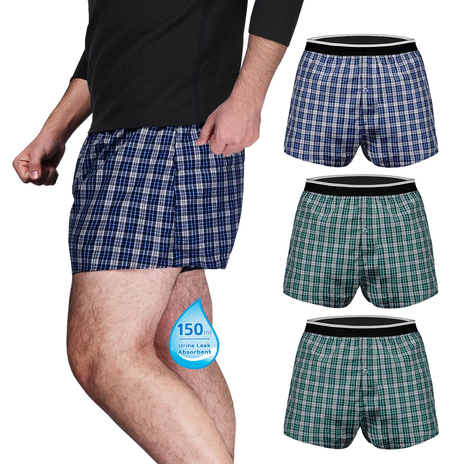 TIICHOO Incontinence Underwear for Men with Front Fly Washable Reusable Regular Absorbency Leak Proof Boxer Shorts Pack of 3
