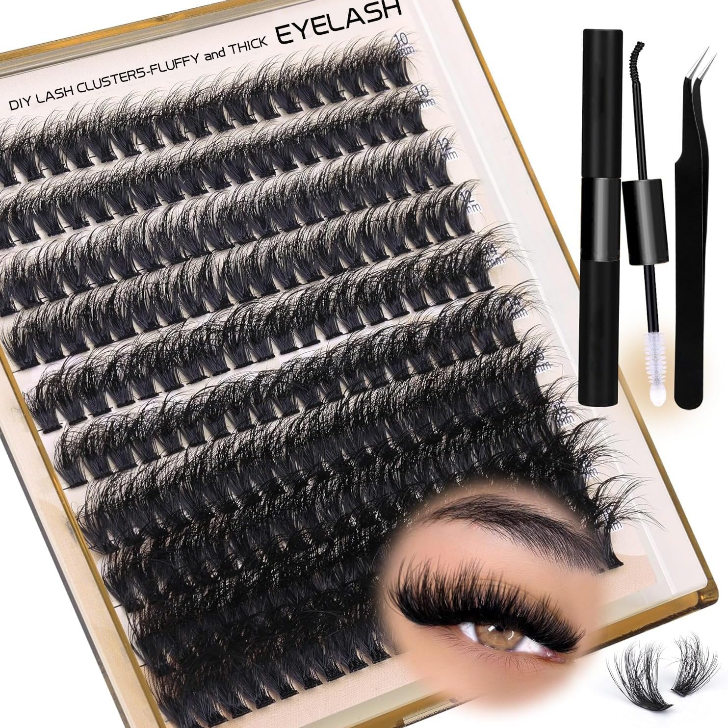 Cluster Lashes Kit, Fluffy Cluster Lashes 10-18mm, 200D Lash Extension Kit with Lash Bond, Remover & Applicator