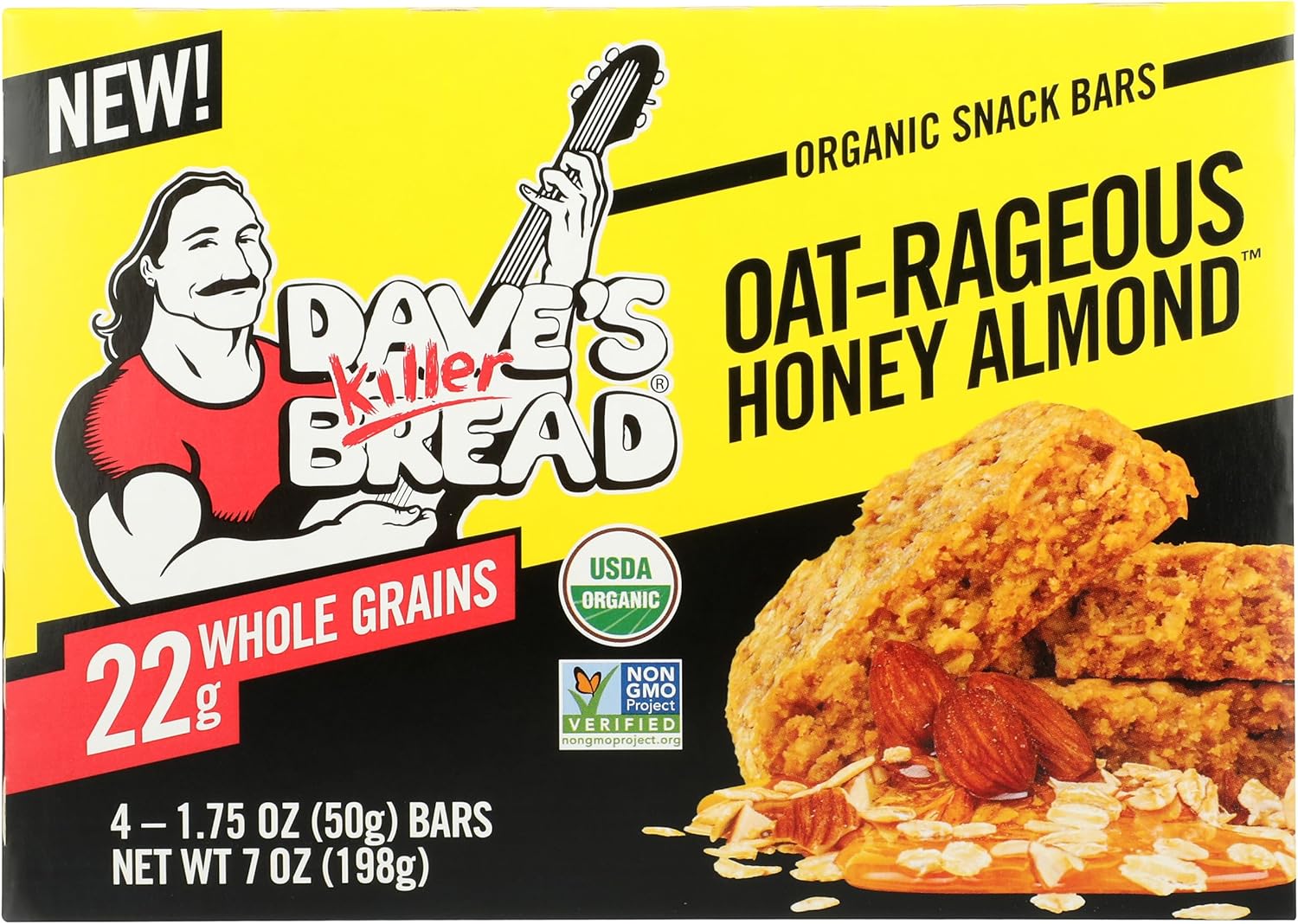 Dave's Killer Bread Organic Snack Bar, Oat-Rageous Honey Almond, 22g Whole Grains, No Artificial Ingredients or Preservatives, Kosher, USDA Certified Organic, Non-GMO, 4 Count, 7 Ounce (Pack of 6)
