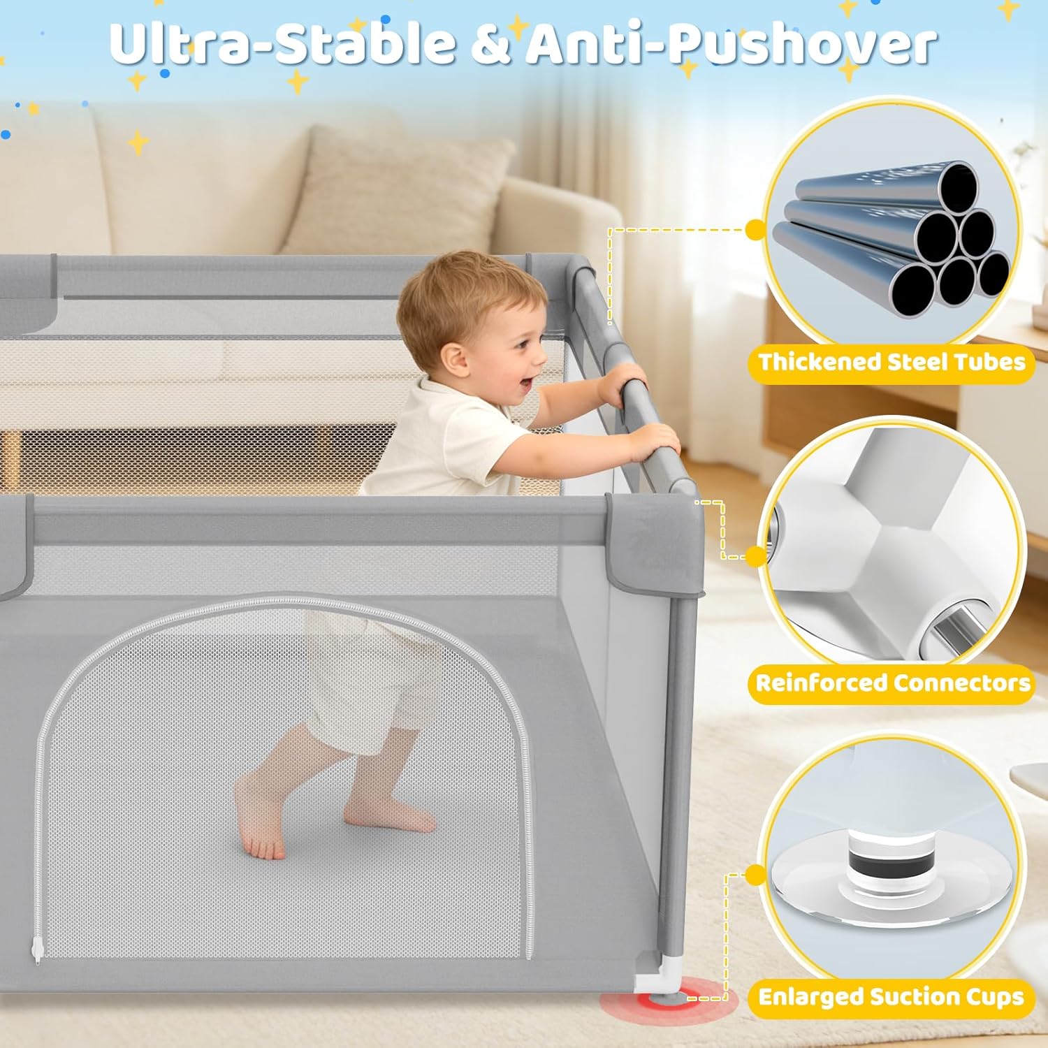 64"x64" Large Baby Playpen for Toddlers - Indoor Safe Skin-Friendly Oxford Playard Sturdy 19mm Steel Activity Center Foam Padded Rails 2 Pull-Up Rings Light Grey