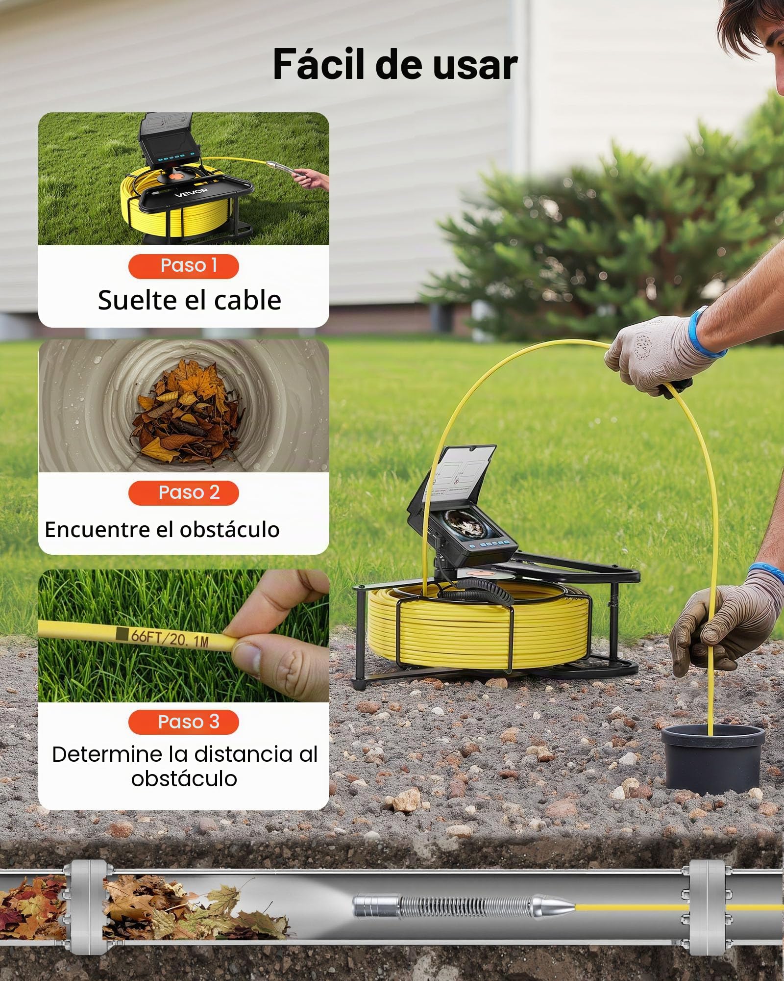 VEVOR Cámara de Inspección de Tuberías Cable de 50 m, Cámara Endoscópica con Pantalla a Color, Resistente al Agua IP68, con 6 LED, Tarjeta de 16 GB, Batería de 4500 mAh, para Alcantarillado Fontanería
