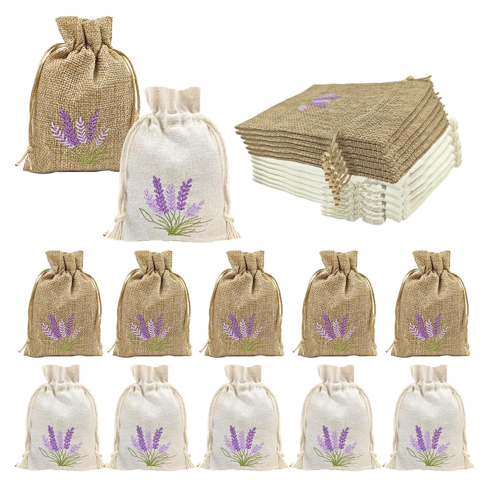 12 Pieces Drawstring Empty Lavender Bags To Fill, Small Lavender Pouch Empty Bag with Embroidery, Lavender Sachets Bags Canvas & Linen Small Drawstring Bag for Spice, Dried Flowers, Herbs