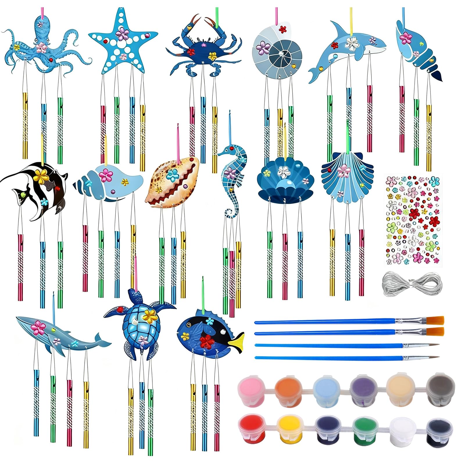 aupawdy 15 Stück Meertier Windspiel Bastelset Kinder, Holz Klangspiel Basteln Bastelhandwerk Kindergeburtstag Klangspiele Holzbastelsets Deko Mädchen Junge DIY Kindergeburtstag