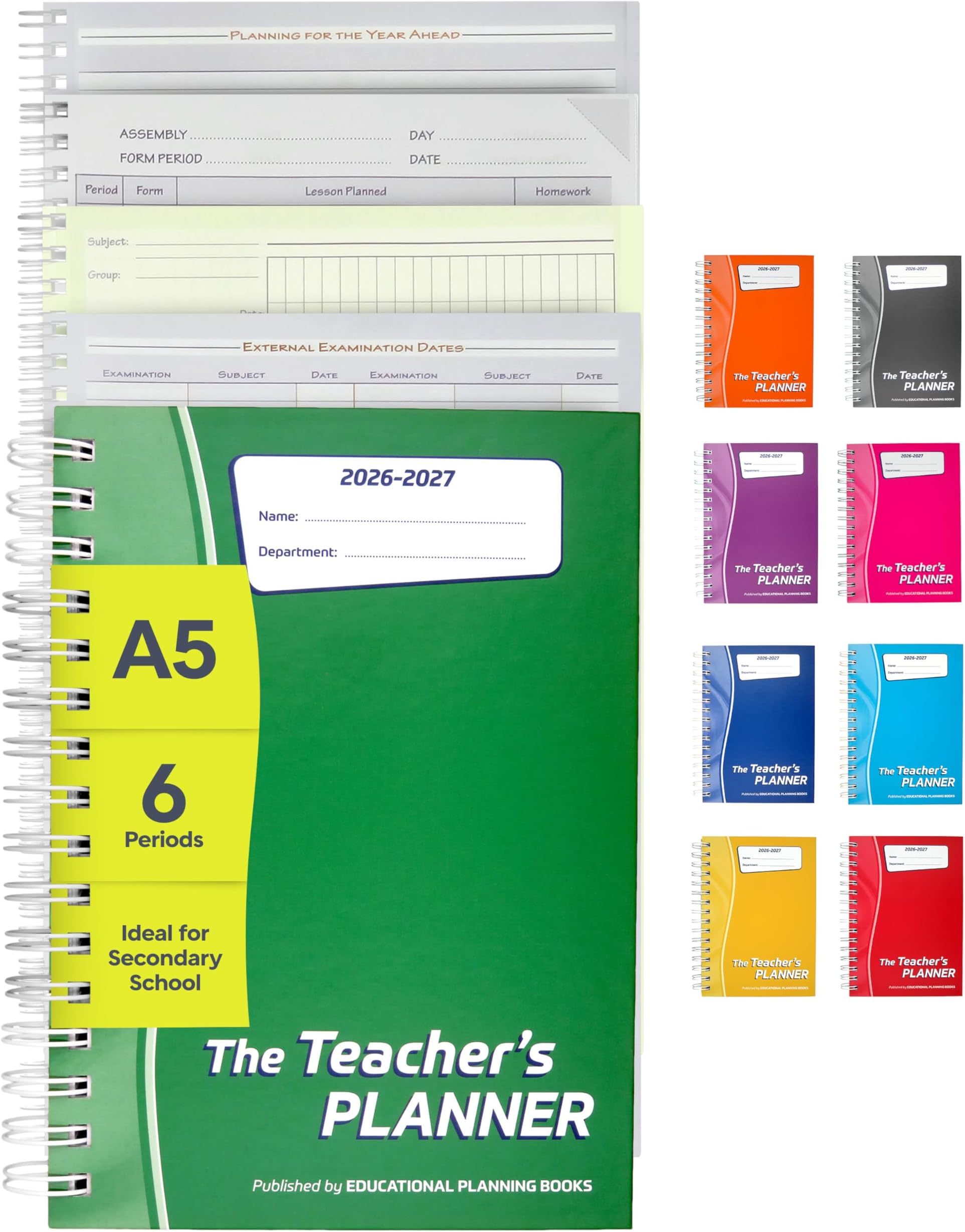 Educational Planning Books Teacher Planner 2026-2027 A5, 6 Period (TP9-G) | 290 undated page-a-day pages, year planning, exams and marking sections, anti-scuff hardback, wiro bound