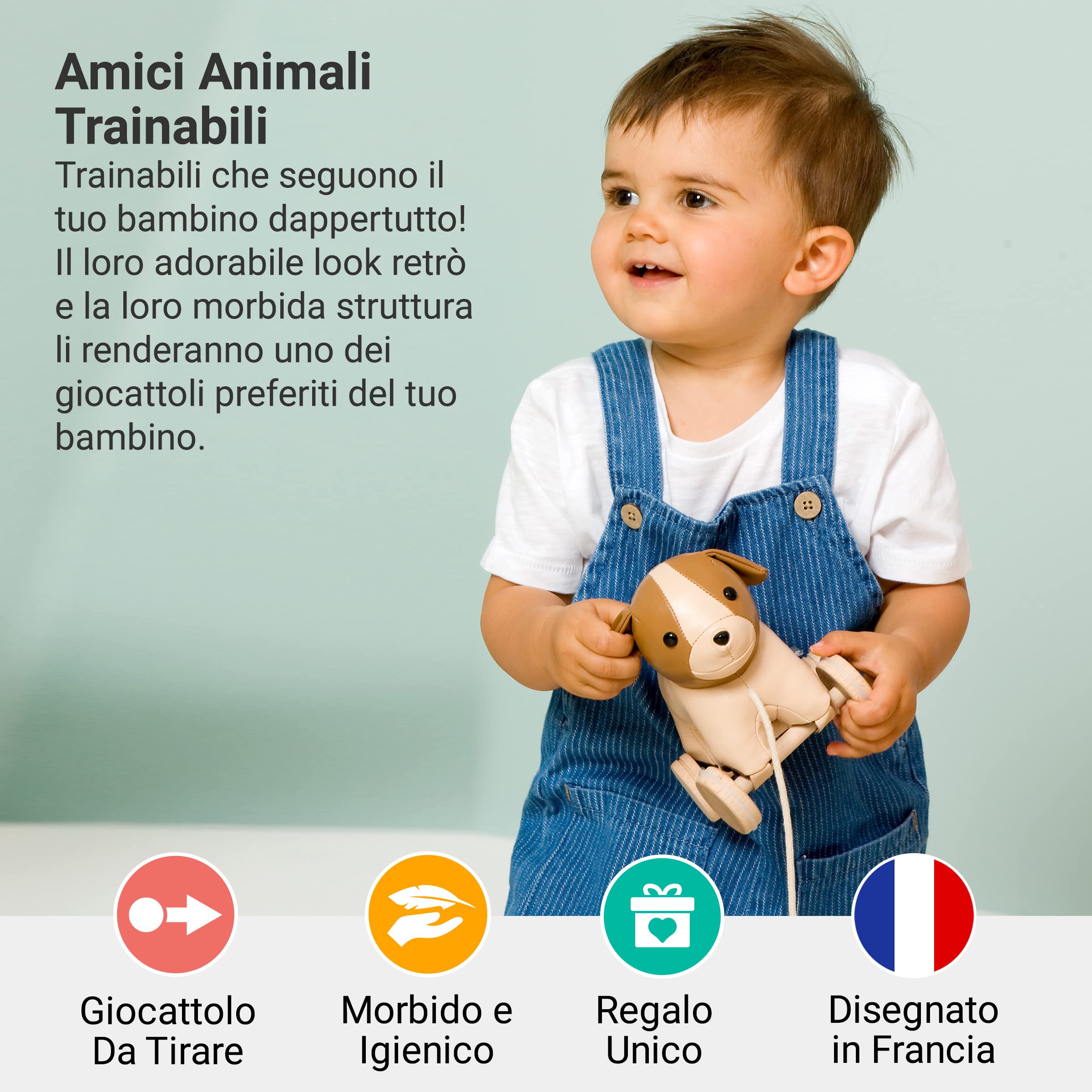 Animali da tirare Little Big Friends | Giocattoli da tirare per bambini | Giocattolo tradizionale | Facile da Pulire | Sicuro per i bambini | Adriano il cane