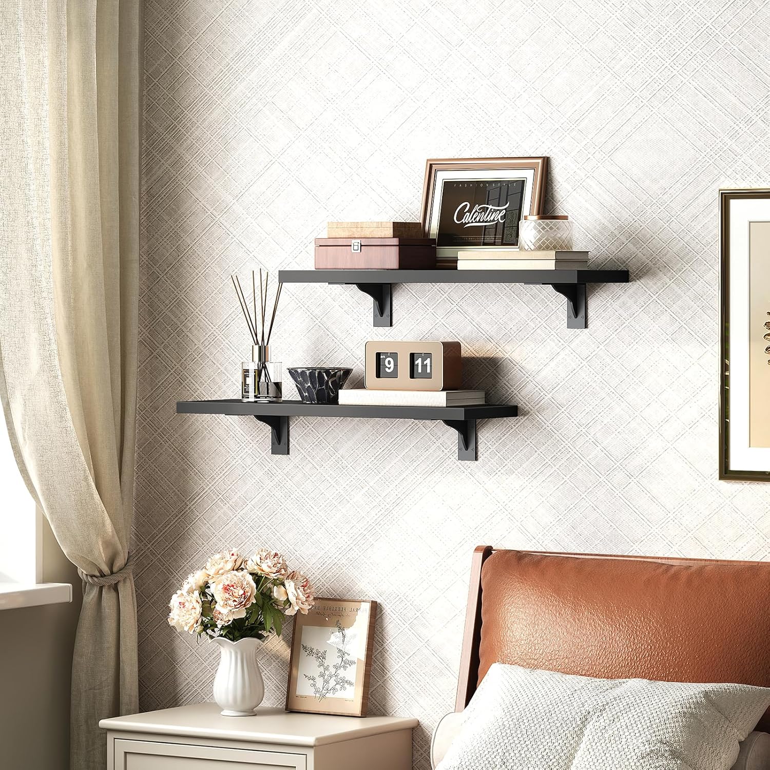HOOBRO Floating Shelves for Wall, 15.4" Wall Mounted Shelves Set of 2, Hanging Storage Shelf with Metal Brackets, Wooden Shelf for Living Room, Bedroom, Bathroom, Black BK42BJP201G1