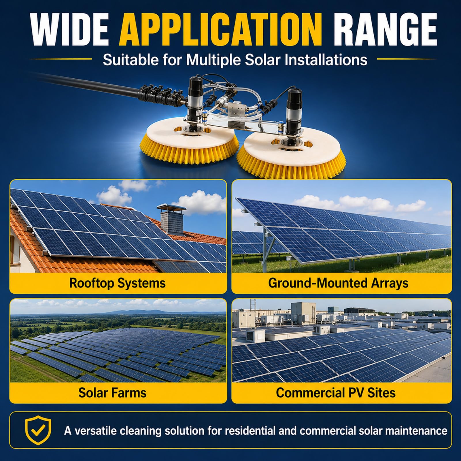 Limpiador Eléctrico para Paneles Solares – Agua, Cepillo 70 cm y Pértiga Telescópica 6m(19.7ft)